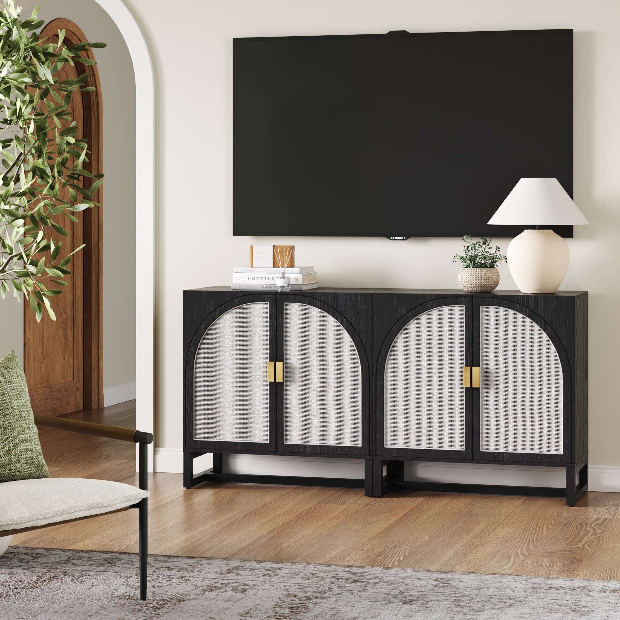 Rattan Arched TV Stand Media Console for 55 - 65" TVs Black - Nathan James