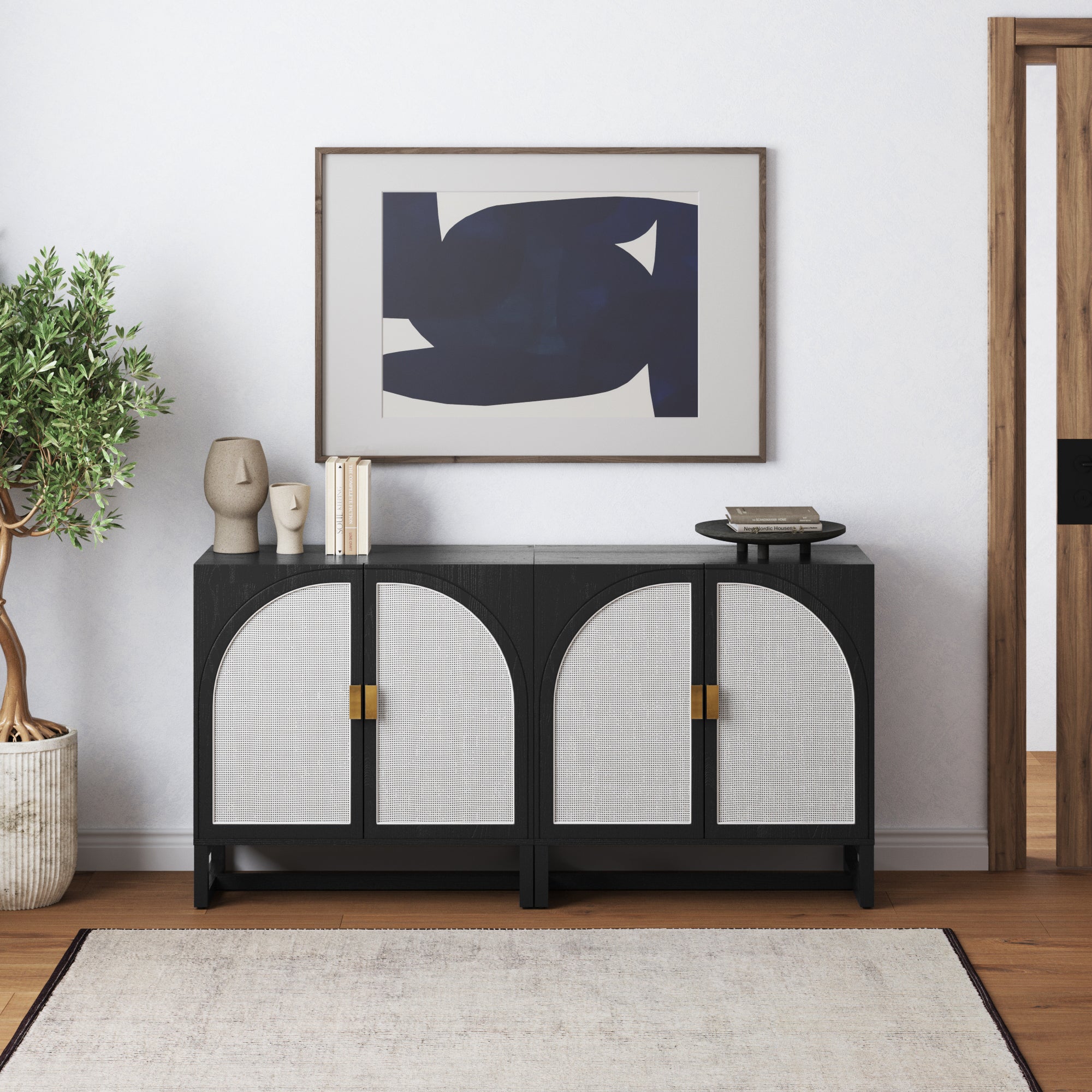 Rattan Arched Storage Cabinet Credenza Black (Set of 2) - Nathan James
