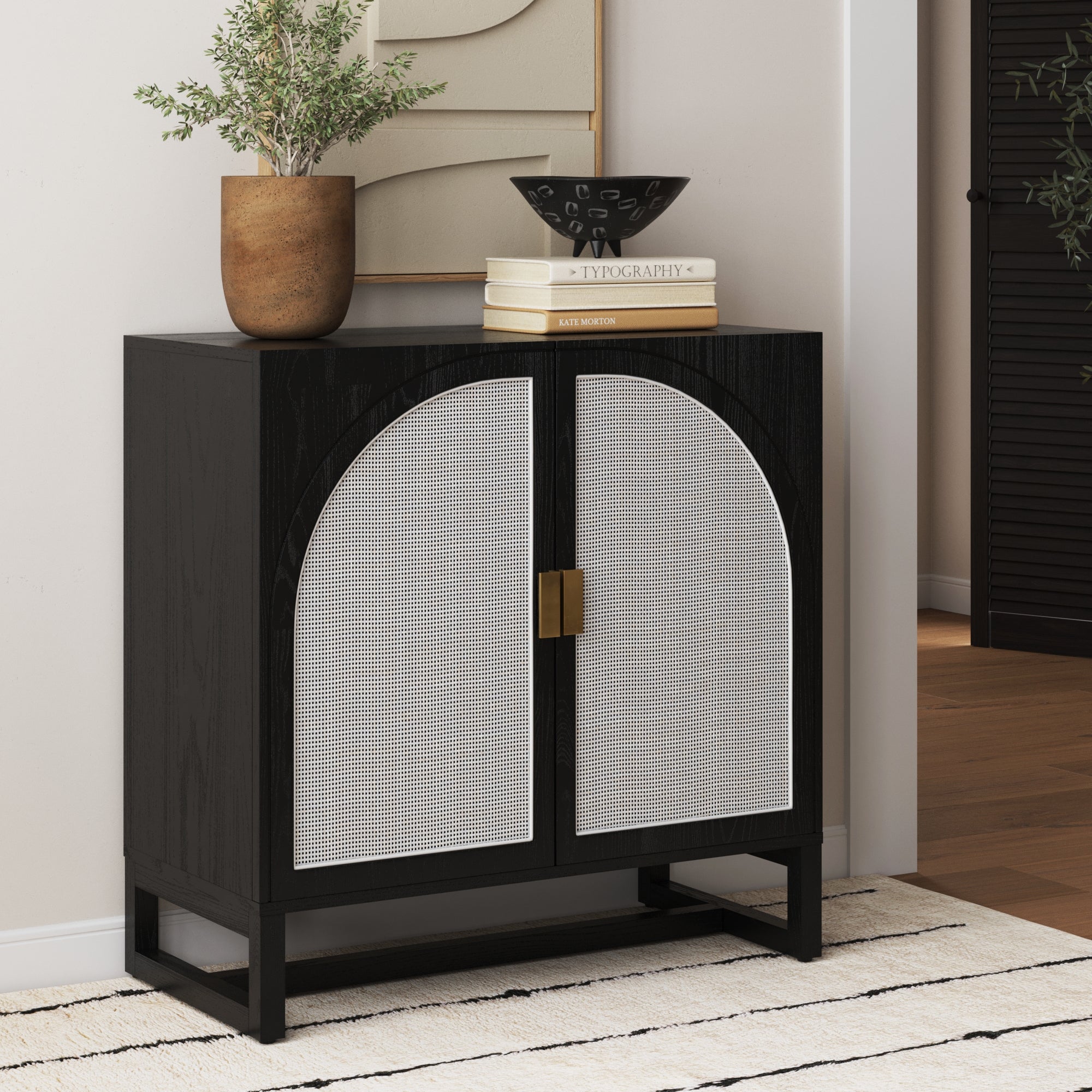 Boho Rattan Arched Door Storage Cabinet Black - Nathan James