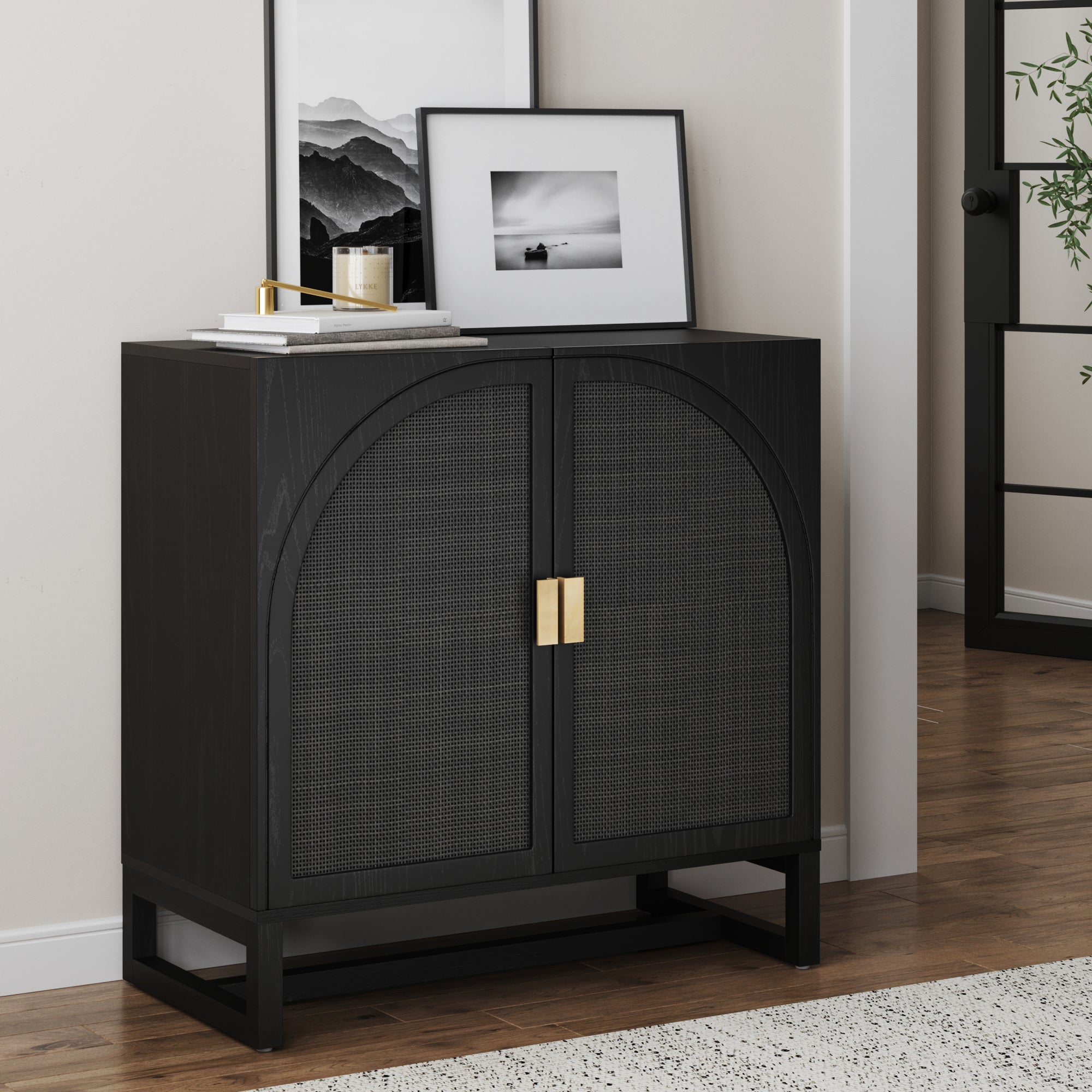 Arched Wooden 2 - Door Storage Cabinet Black Rattan - Nathan James