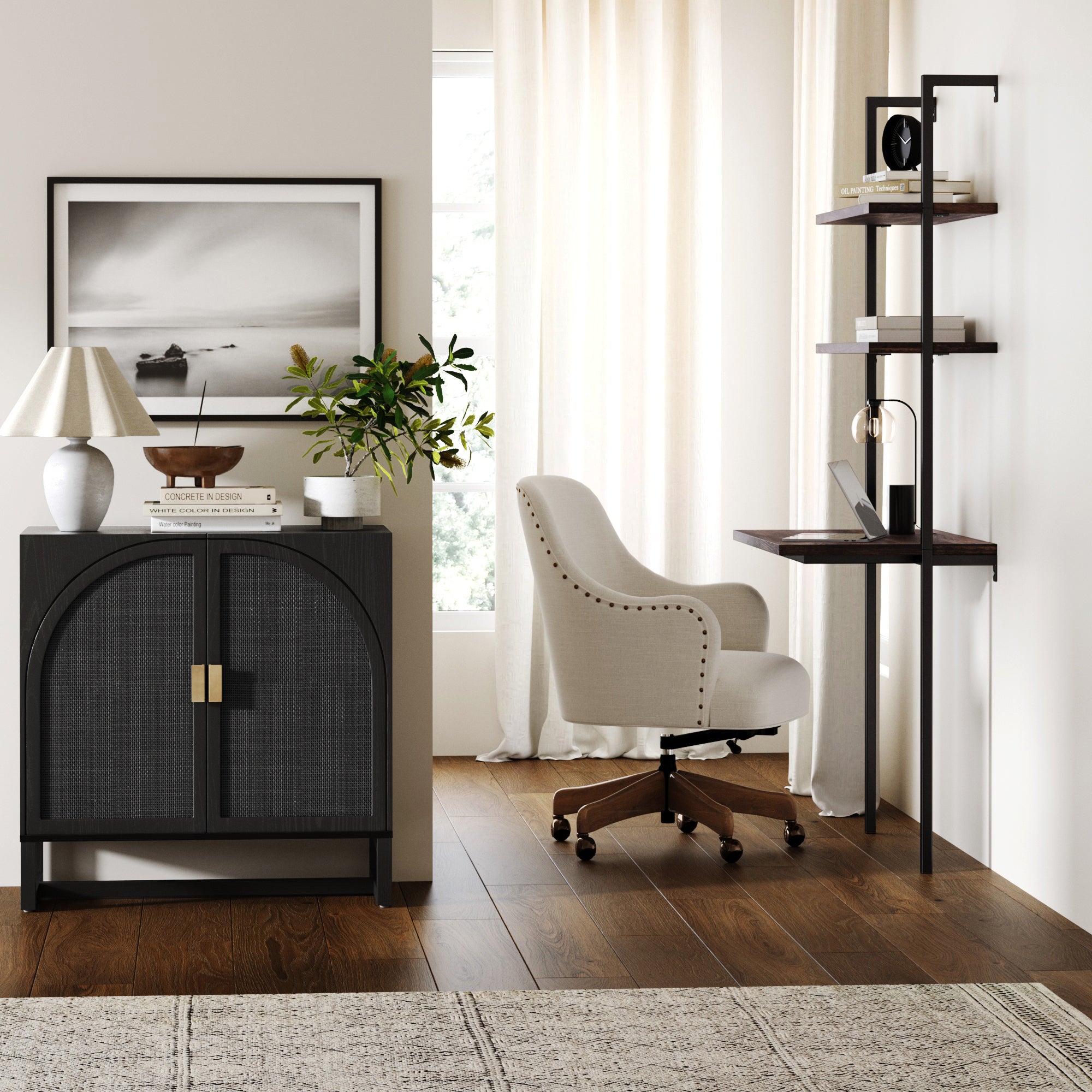 Arched Wooden 2 - Door Storage Cabinet Black Rattan - Nathan James