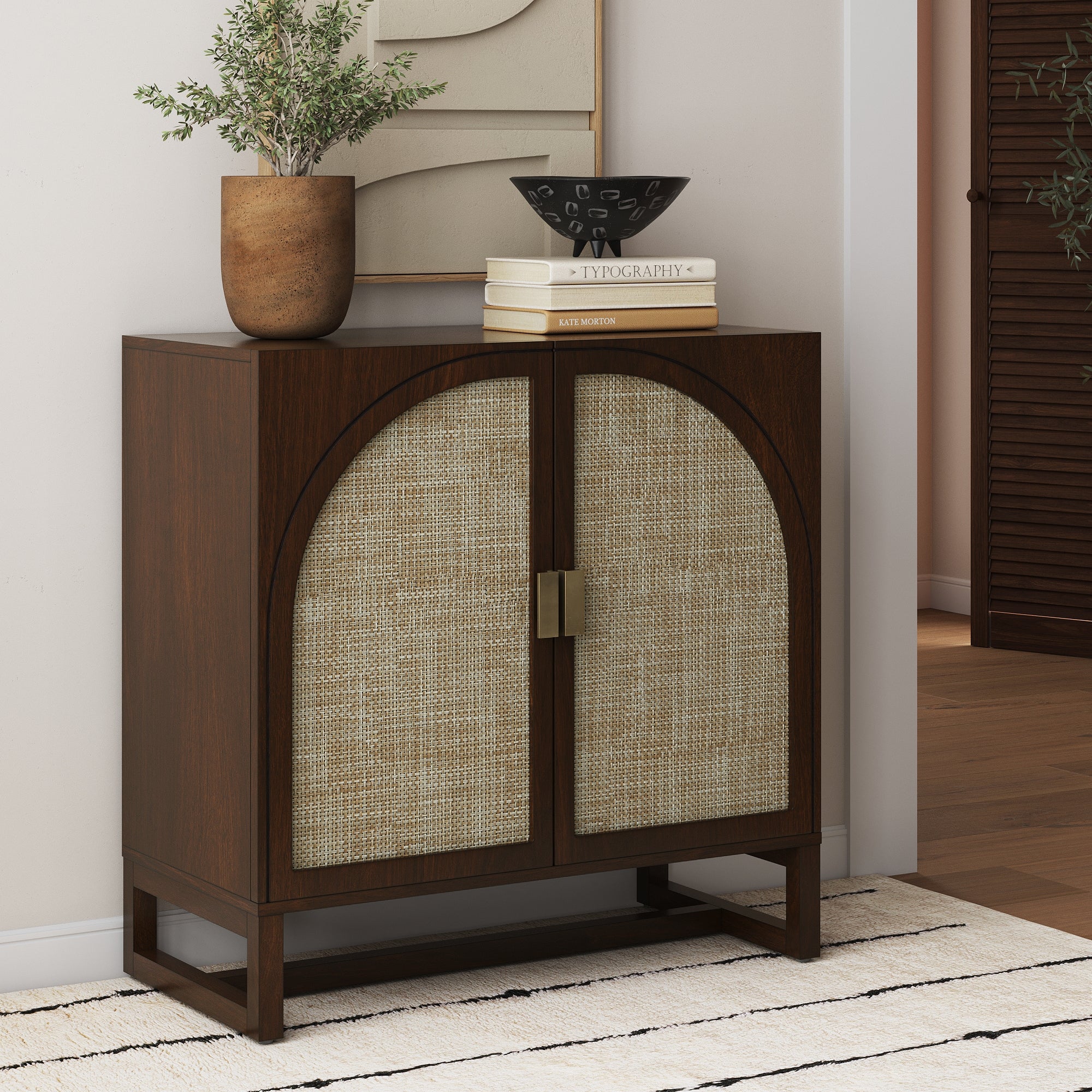 Boho Rattan Arched Door Storage Cabinet Dark Acacia - Nathan James