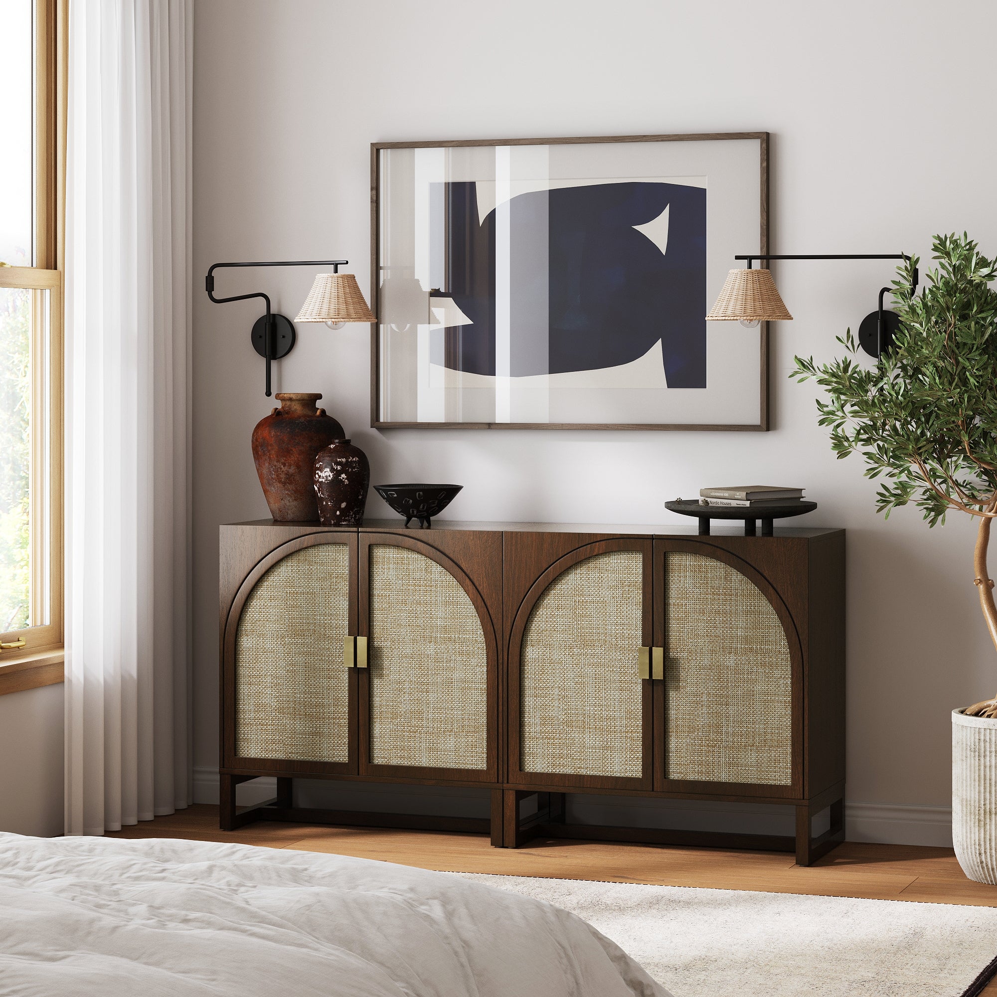 Boho Rattan Arched Door Storage Cabinet Dark Acacia - Nathan James