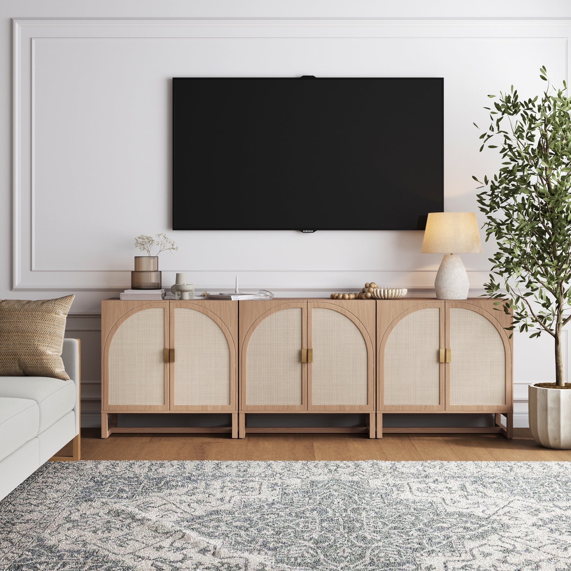 Rattan Arched TV Console Stand for 75 - 85" TVs Raw Oak - Nathan James