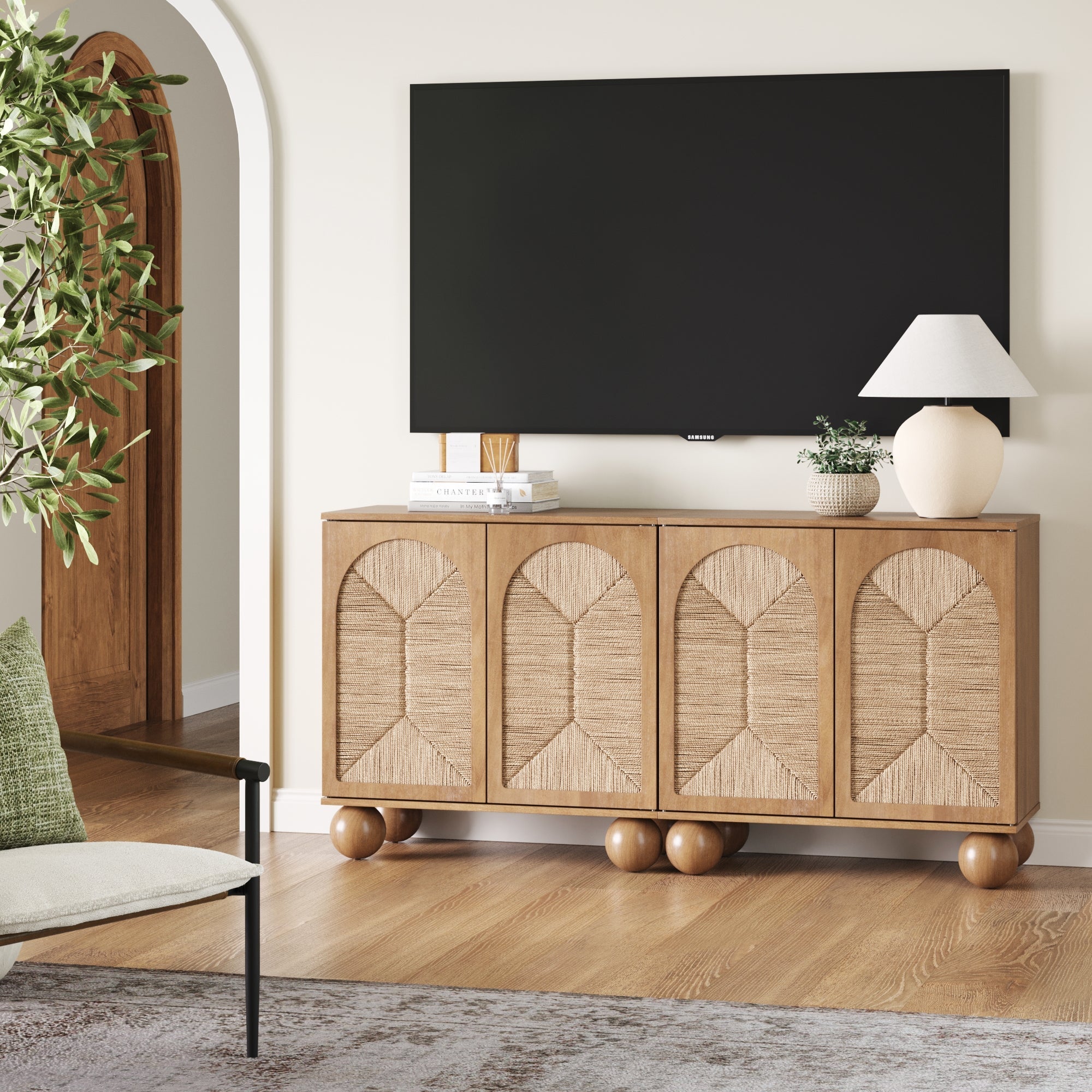 Seagrass Arched TV Console Cabinet for 55 - 65" TVs Light Brown - Nathan James
