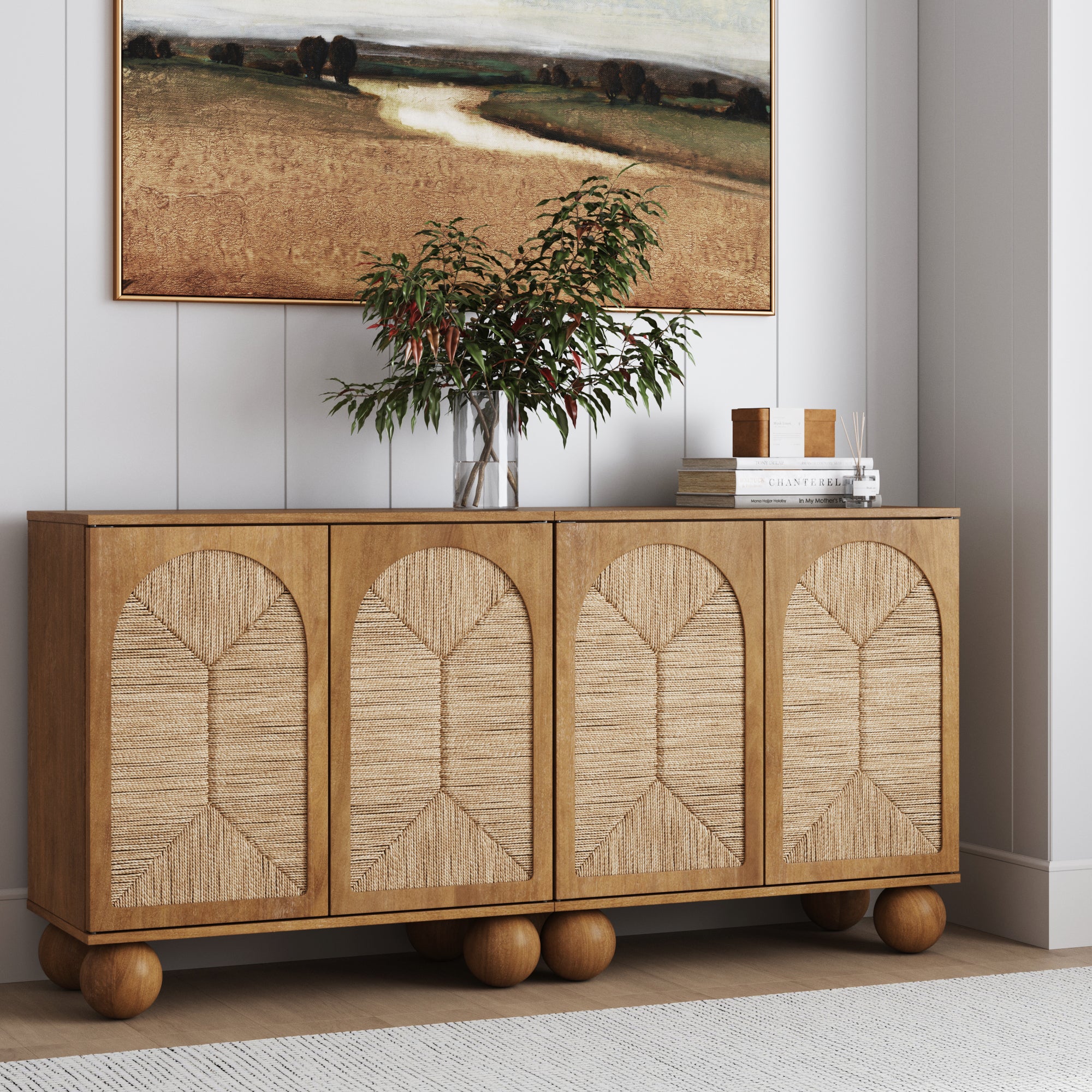 Seagrass Arched Storage Cabinet Credenza Light Brown (Set of 2) - Nathan James