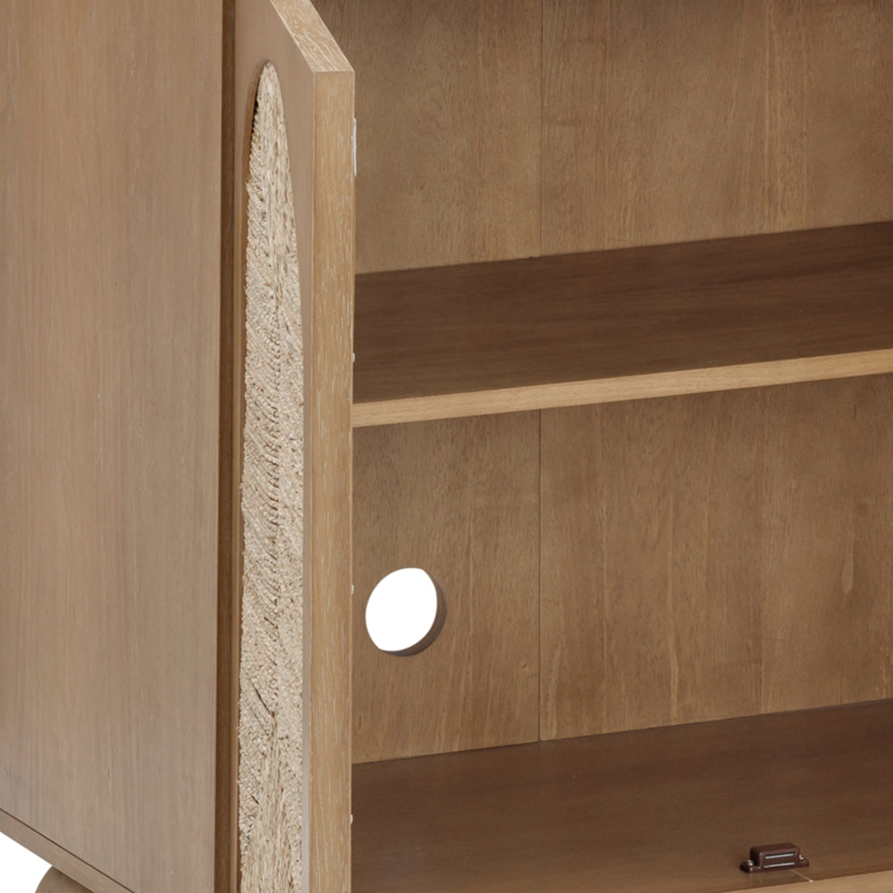 Open light wood cabinet with an interior shelf and a circular hole in the back panel for cable management.