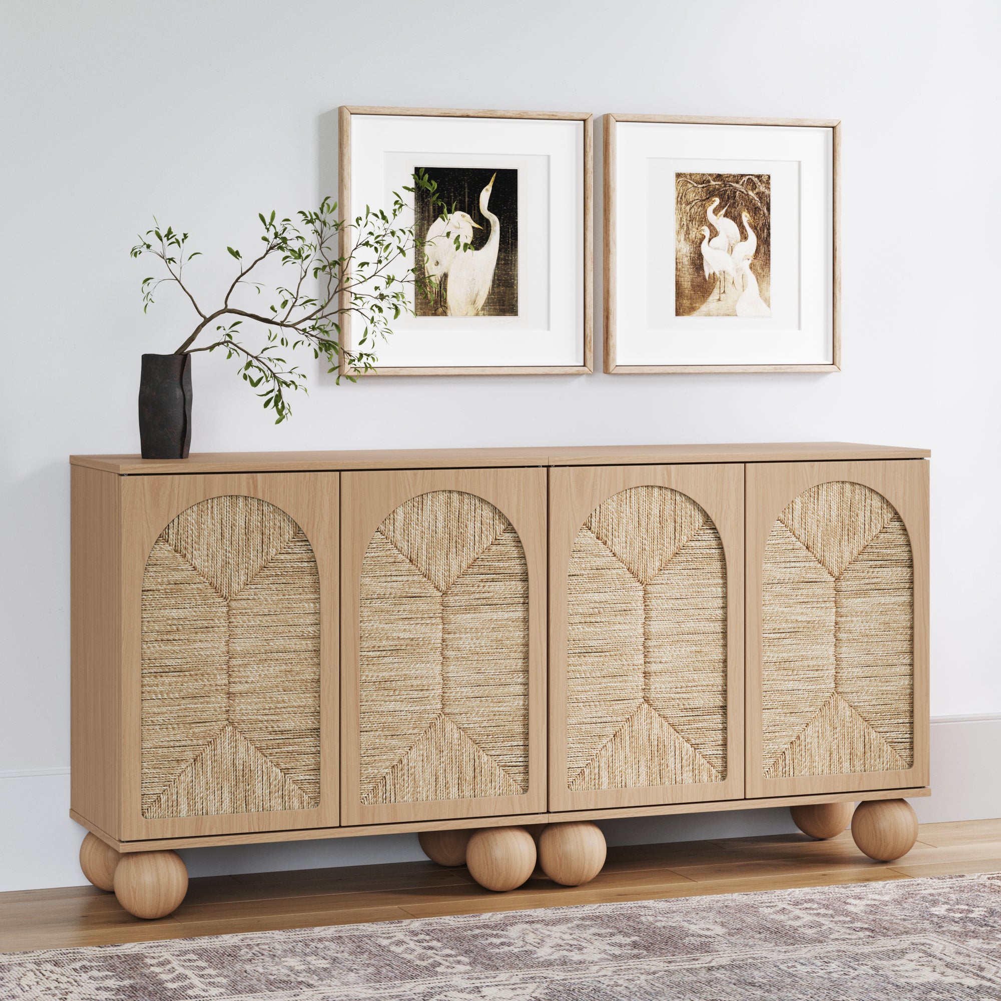 Seagrass Arched Storage Cabinet Credenza Raw Oak (Set of 2) - Nathan James