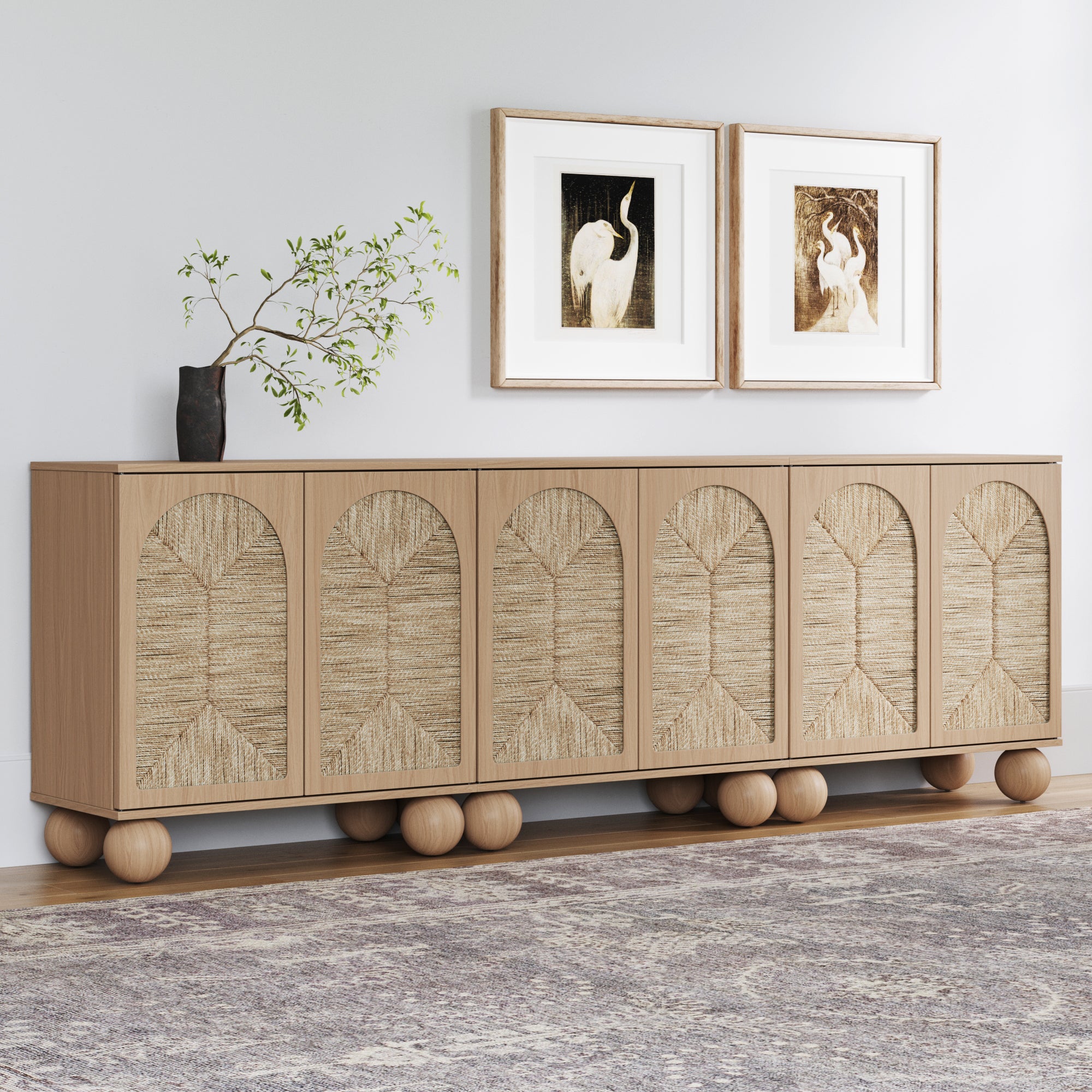 Seagrass Arched Storage Cabinet Credenza Raw Oak (Set of 3) - Nathan James