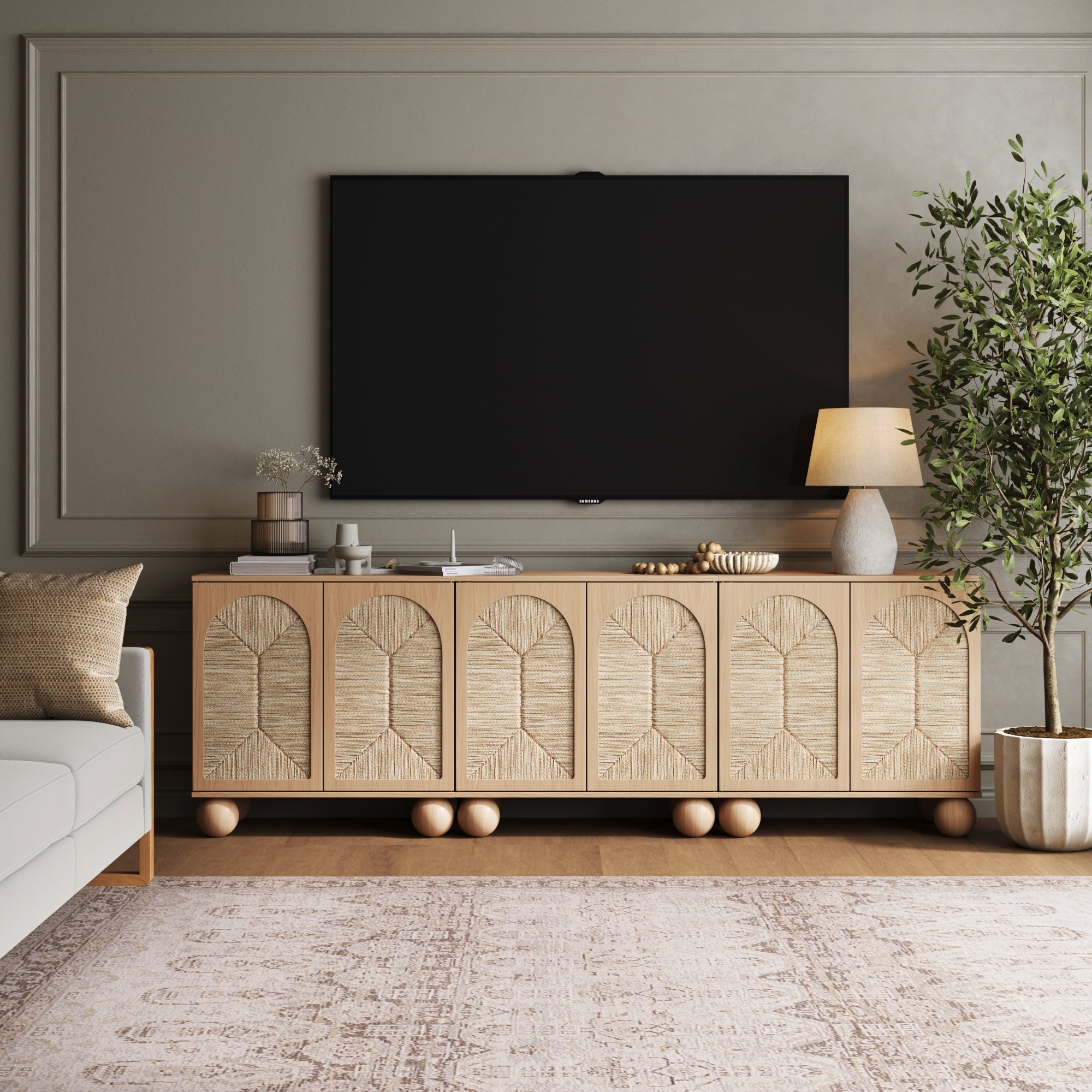Seagrass Arched TV Console Cabinet for 75 - 85" TVs Raw Oak - Nathan James