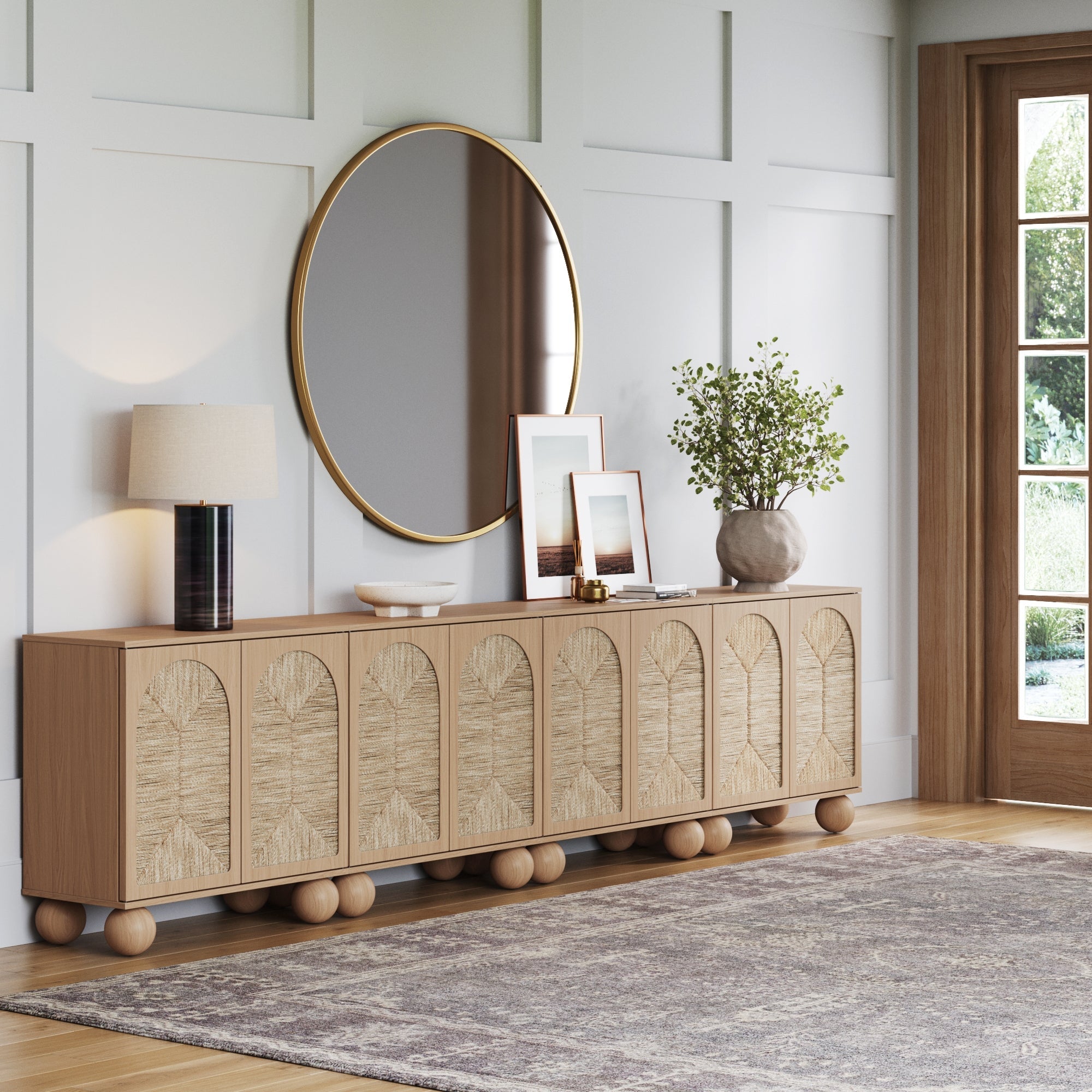 Seagrass Arched TV Console Cabinet for 85" TVs Raw Oak - Nathan James