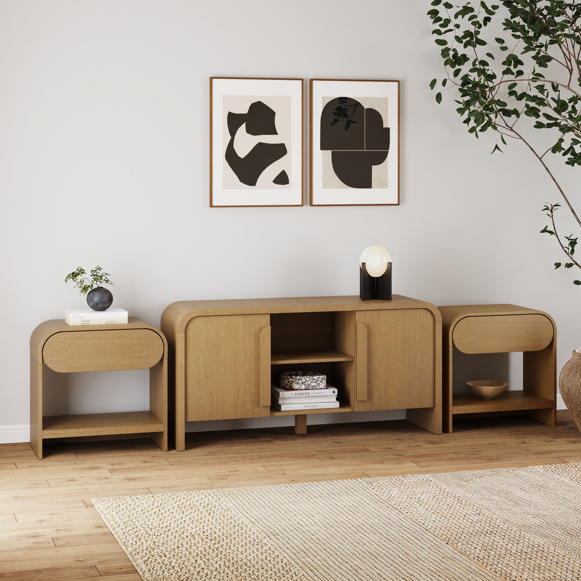 Arched TV Stand and 2 End Tables Living Room Set Light Brown - Nathan James