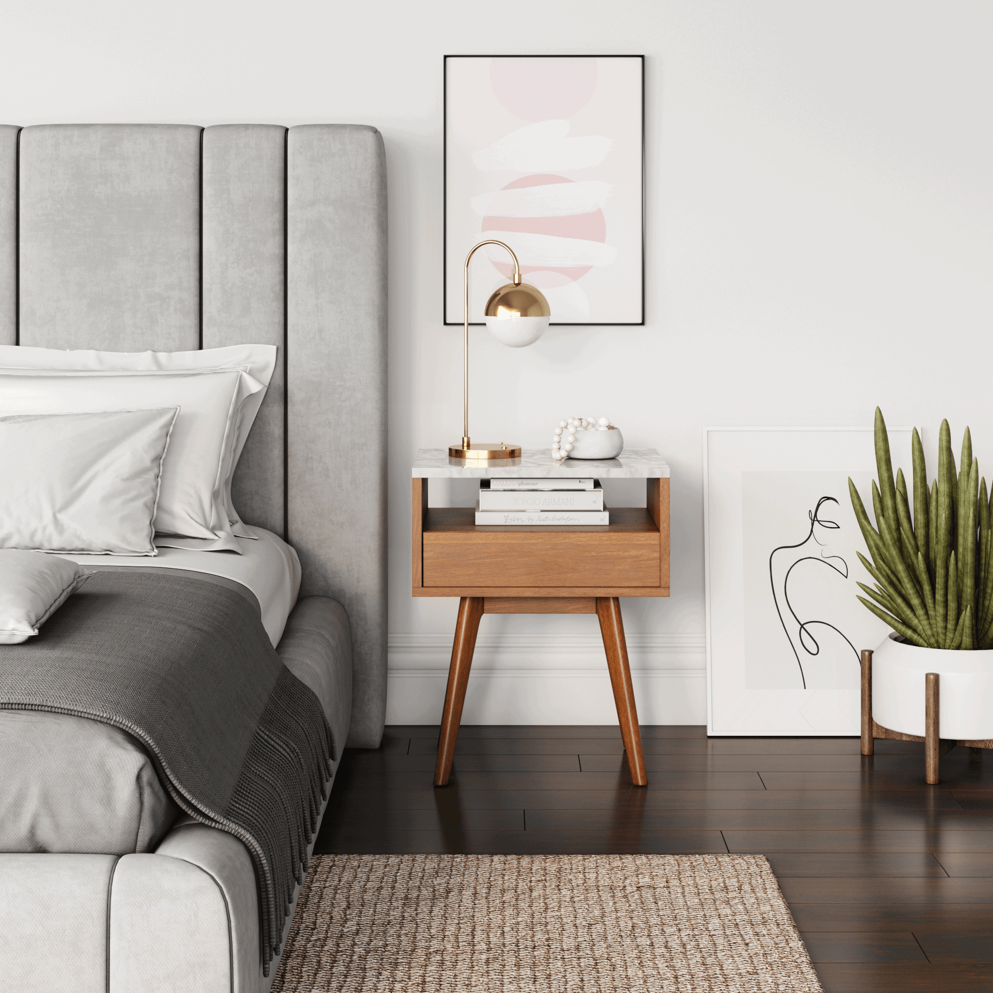 Mid - Century Faux Marble Nightstand with Drawer - Nathan James