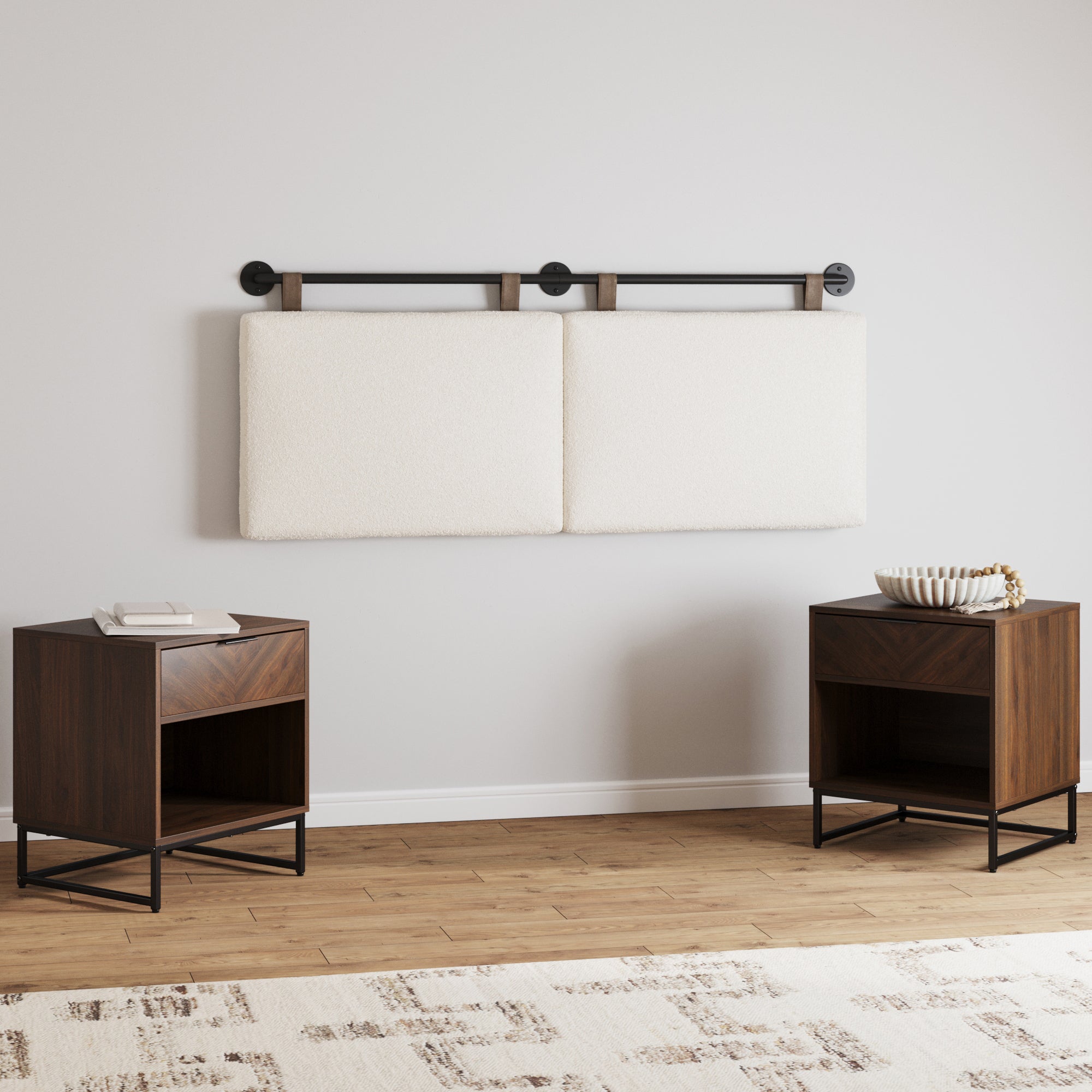 Boucle Queen Headboard and Walnut Nightstand Set - Nathan James