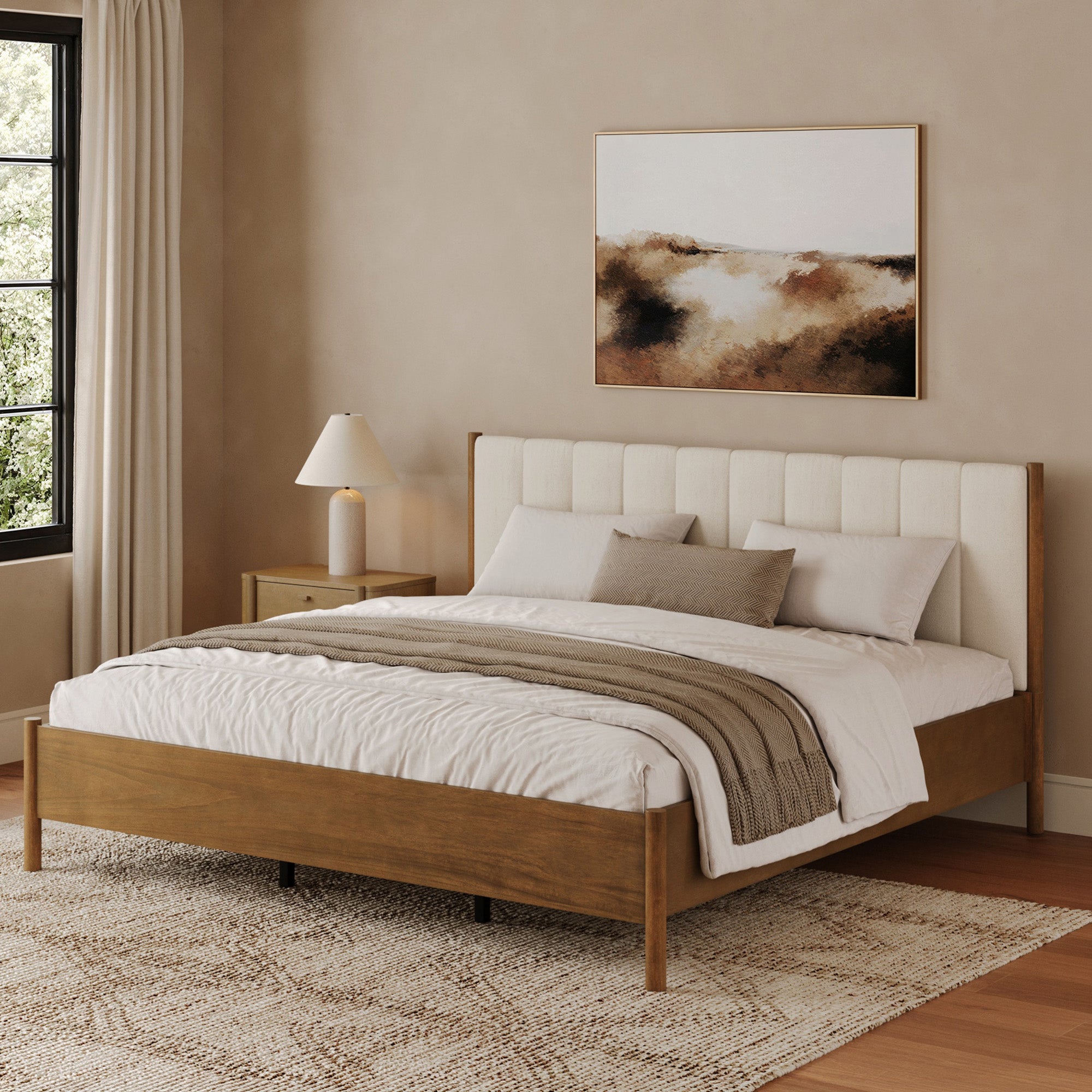 Mid-Century Upholstered Bed Frame with Boucle Headboard Light Brown | Size King - Nathan James