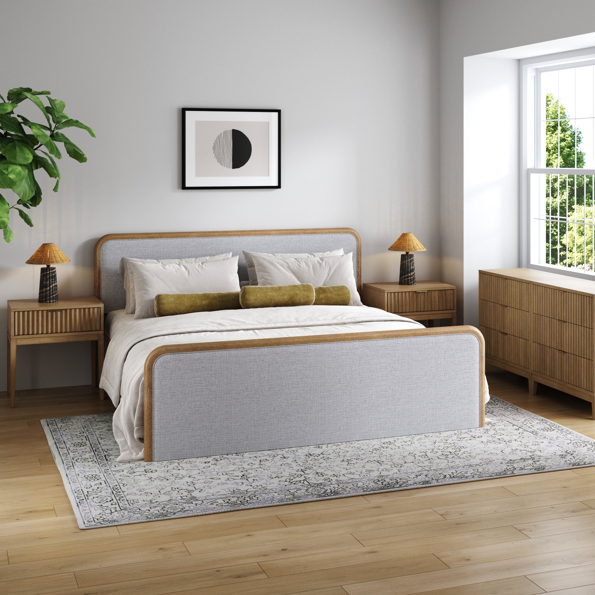 Fluted King Bed Frame with 2 Solid Wood Dressers and 2 Nightstands Set Gray/Light Brown - Nathan James