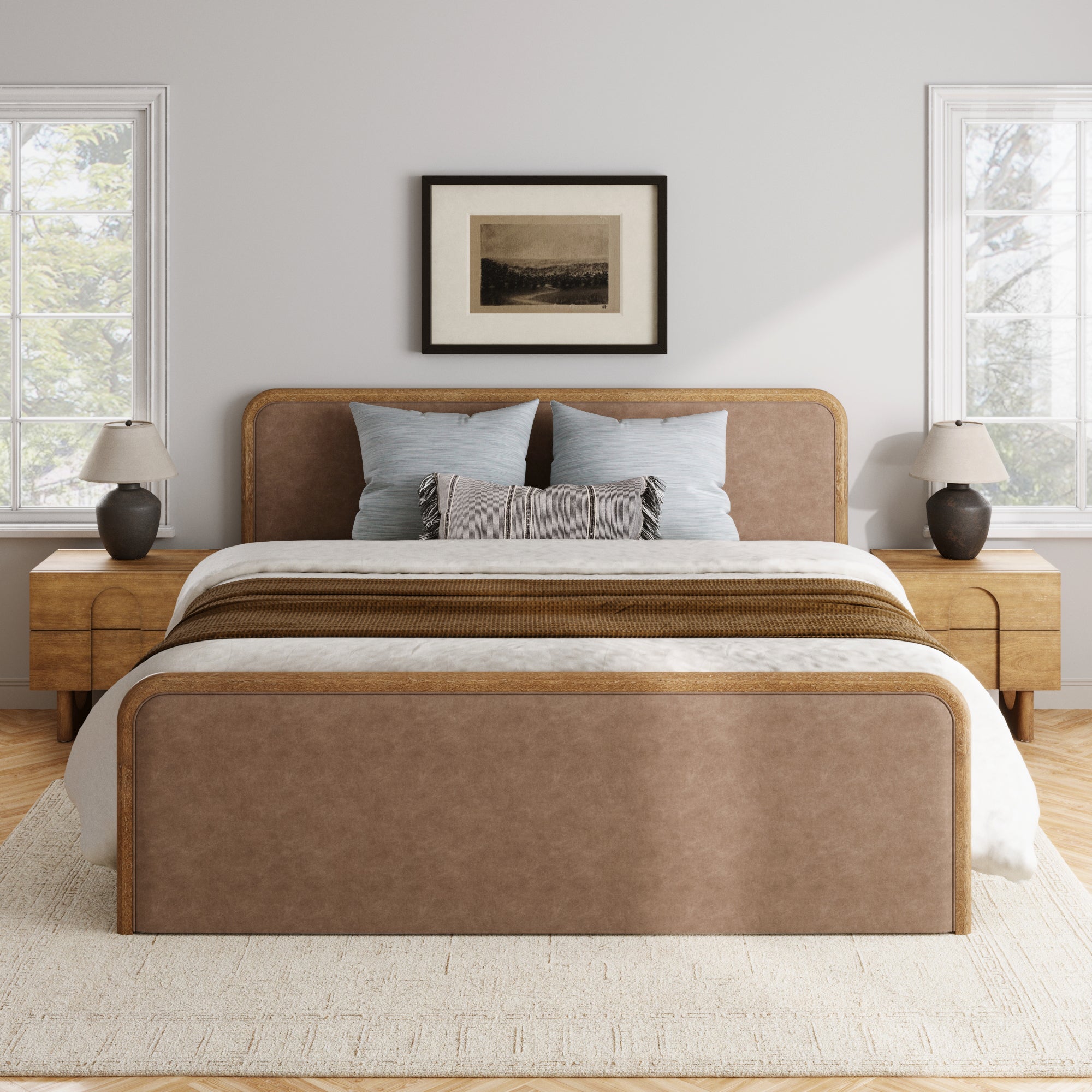 King Rounded Faux Leather Bed Frame with 2 Nightstands Light Brown - Nathan James