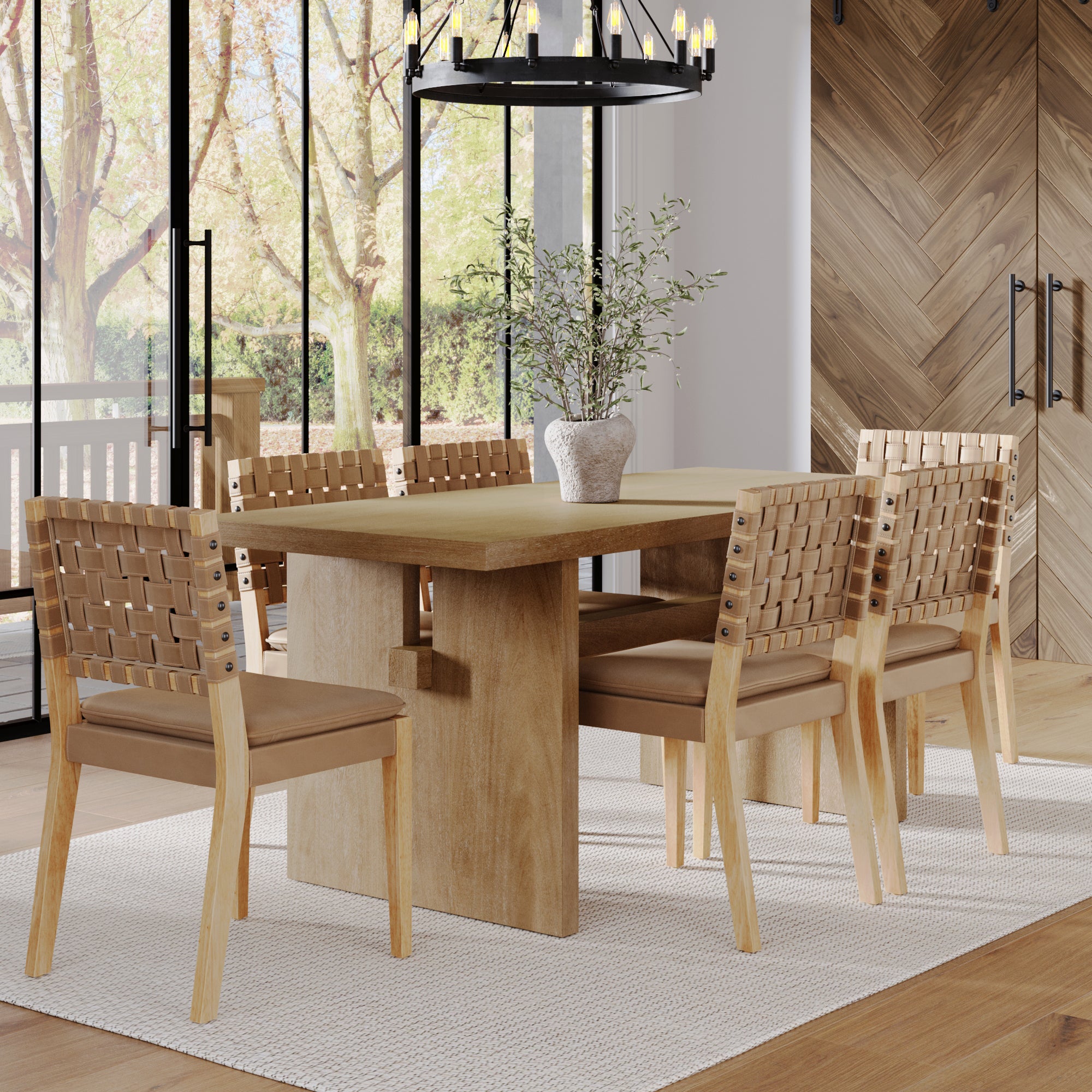 Mid - Century Woven Dining Set Light Brown (6 Chairs) - Nathan James