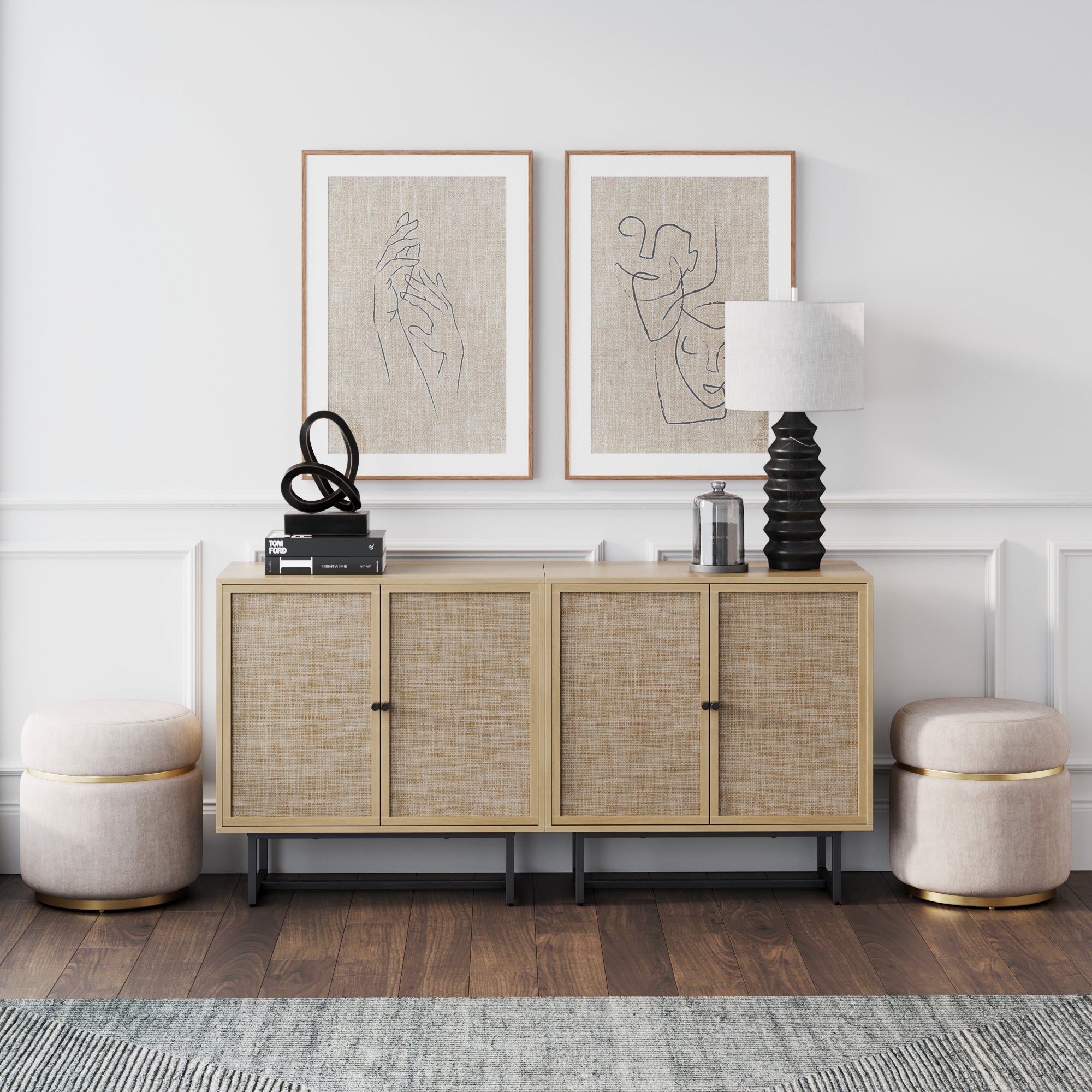 Rattan Storage Cabinet Credenza Oak (Set of 2) - Nathan James