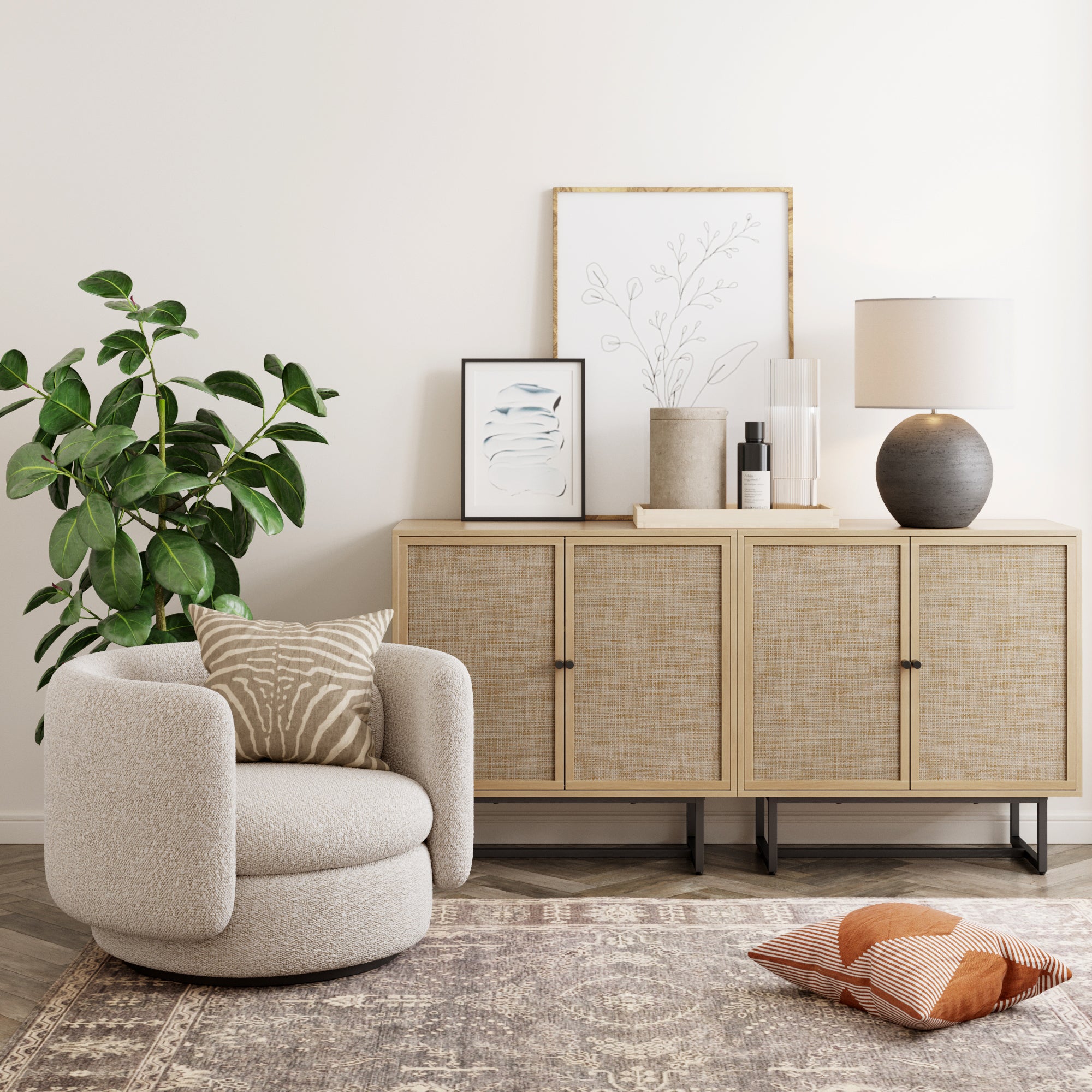 Rattan Storage Cabinet Credenza Oak (Set of 2) - Nathan James