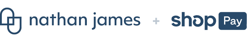 Logo for Nathan James with a plus sign, followed by the Shop Pay logo. The Shop Pay logo has the word shop in lowercase and Pay inside a rounded rectangle.