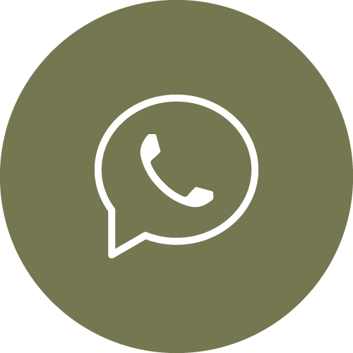 A white WhatsApp logo inside a speech bubble on a greenish-brown circular background.