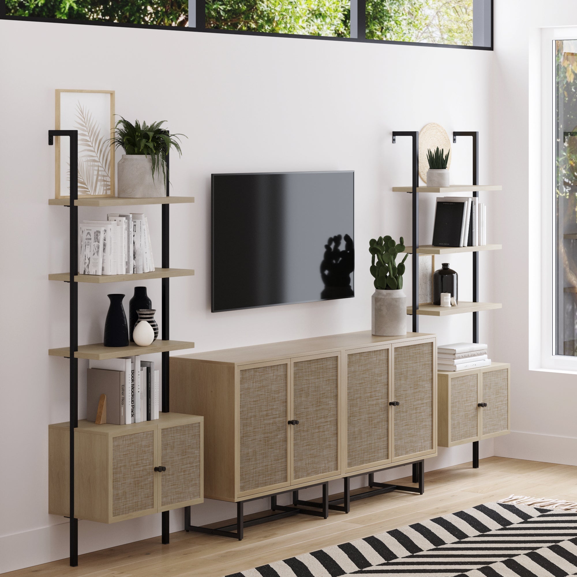 Rattan Ladder Wall Bookshelves with Doors Light Oak (Set of 2) - Nathan James