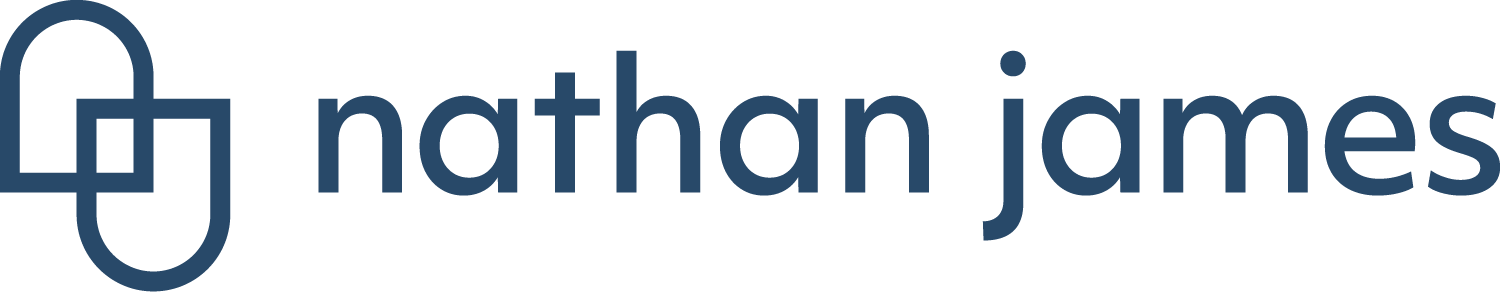 Logo with an abstract geometric icon on the left, followed by the words nathan james in lowercase blue letters on a white background.