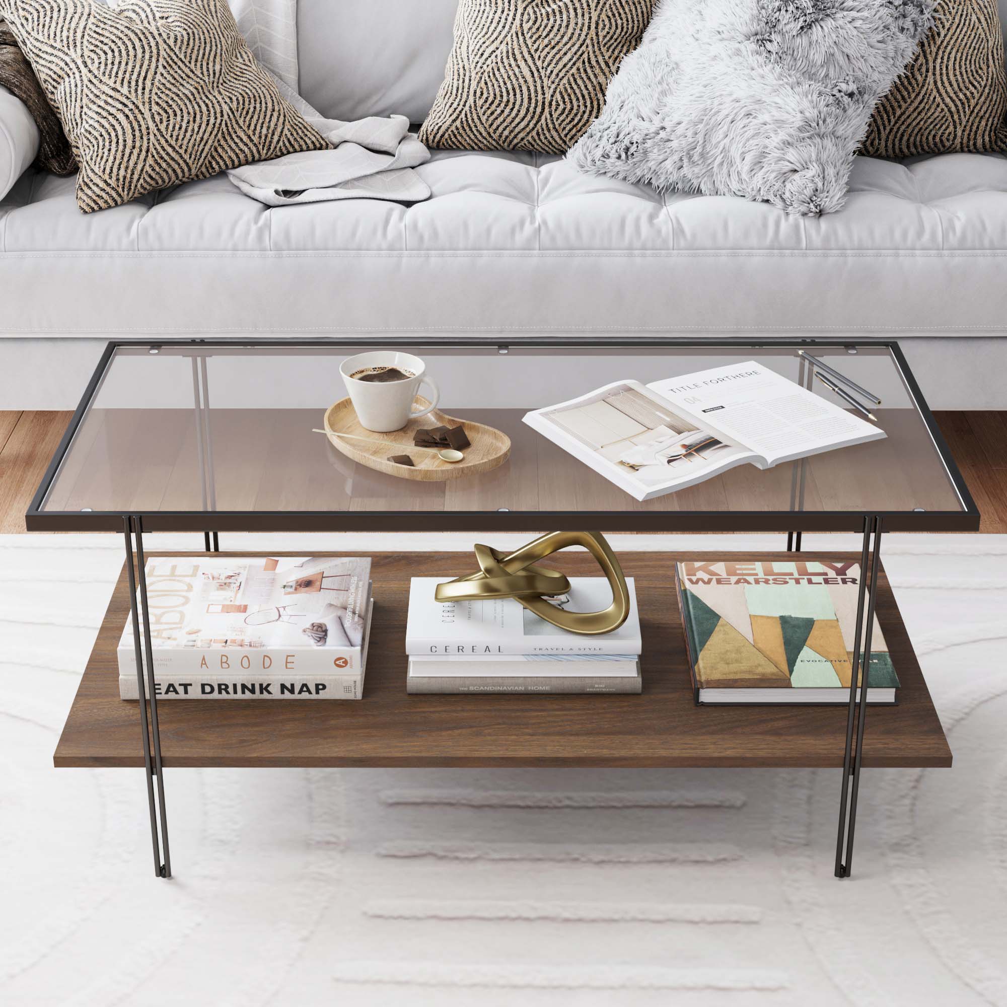 Glass Top Modern Coffee Table Walnut - Nathan James