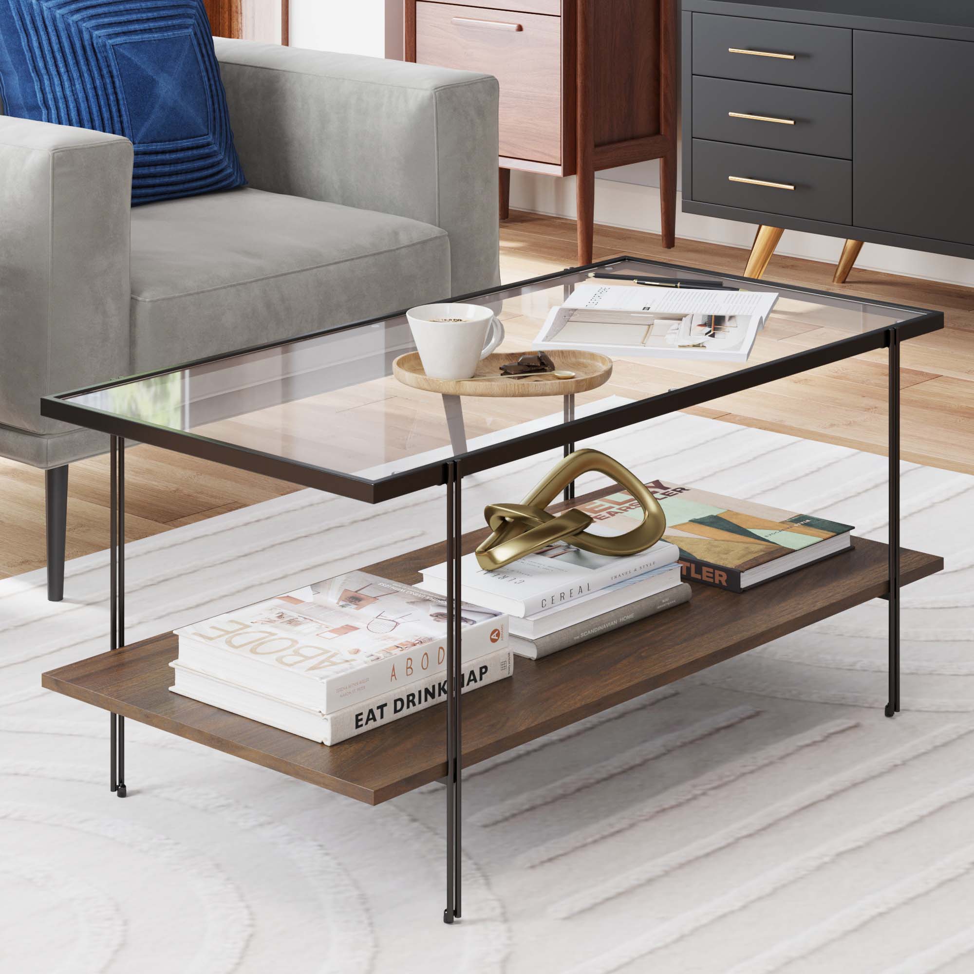 Glass Top Modern Coffee Table Walnut - Nathan James