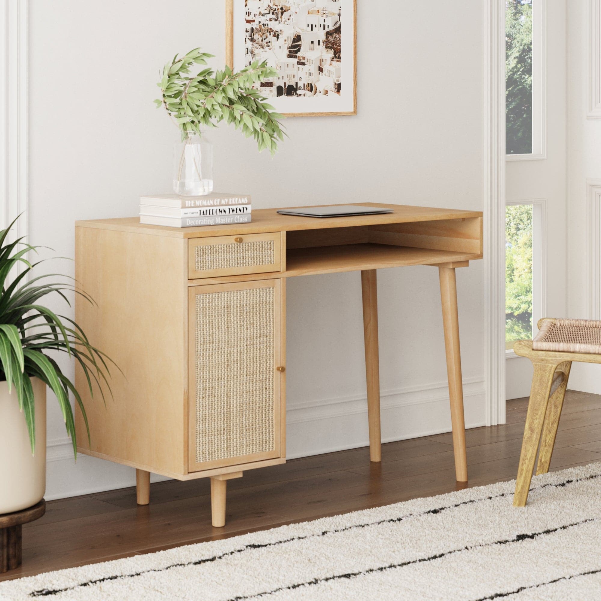 Boho Rattan & Wood Vanity Desk with Storage - Nathan James