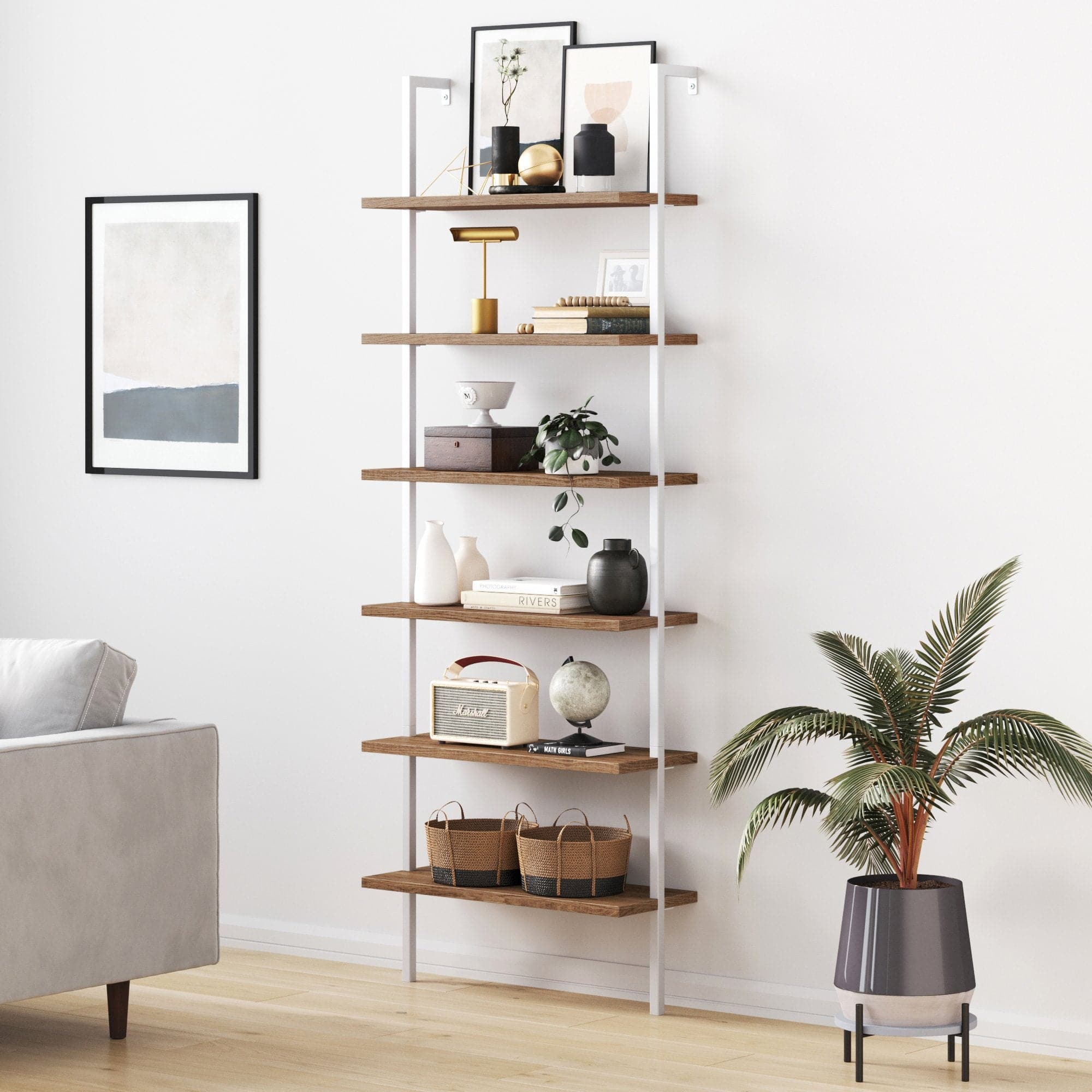 6 - Shelf Ladder Bookshelf Oak Matte White - Nathan James