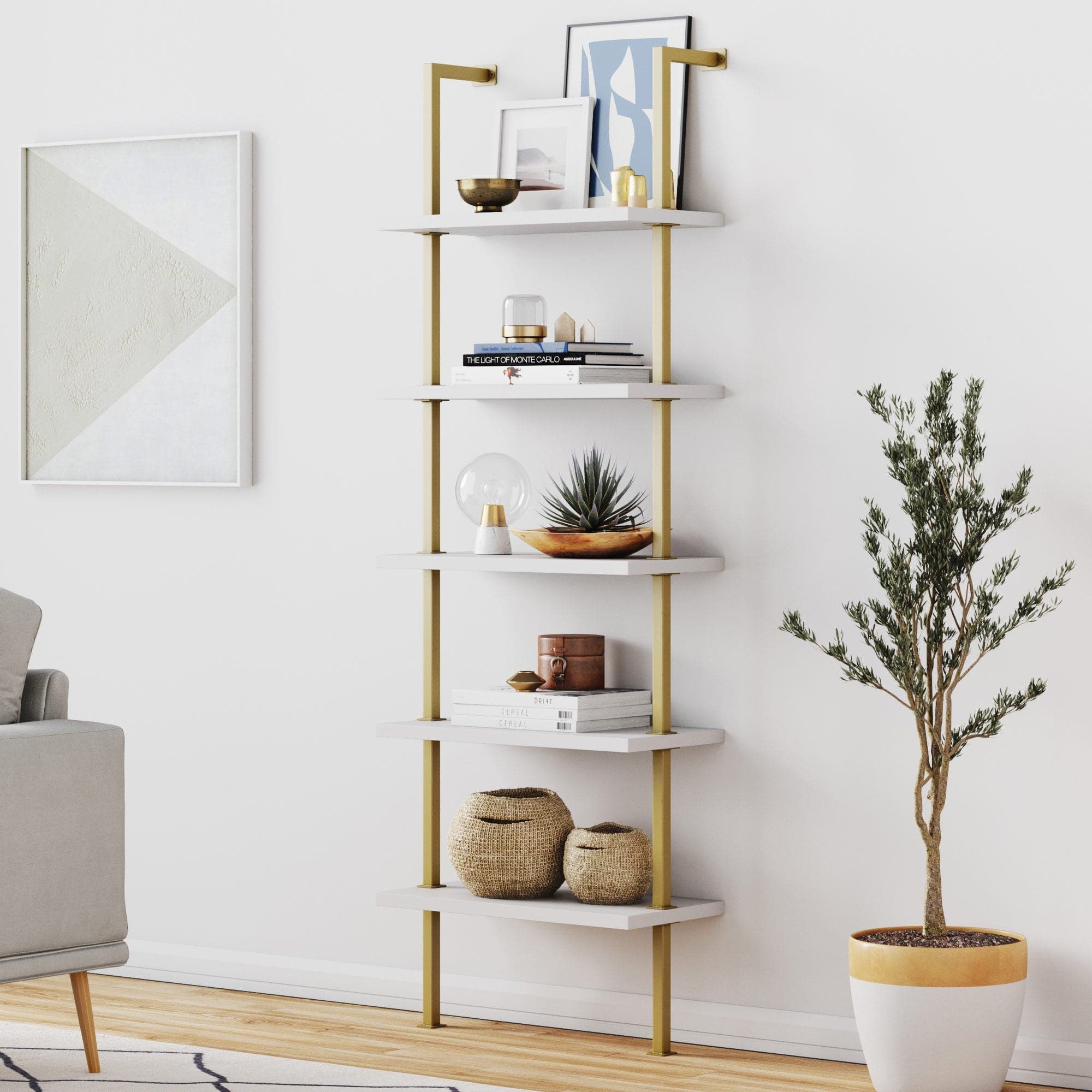 5 - Shelf Ladder Bookshelf White Gold - Nathan James