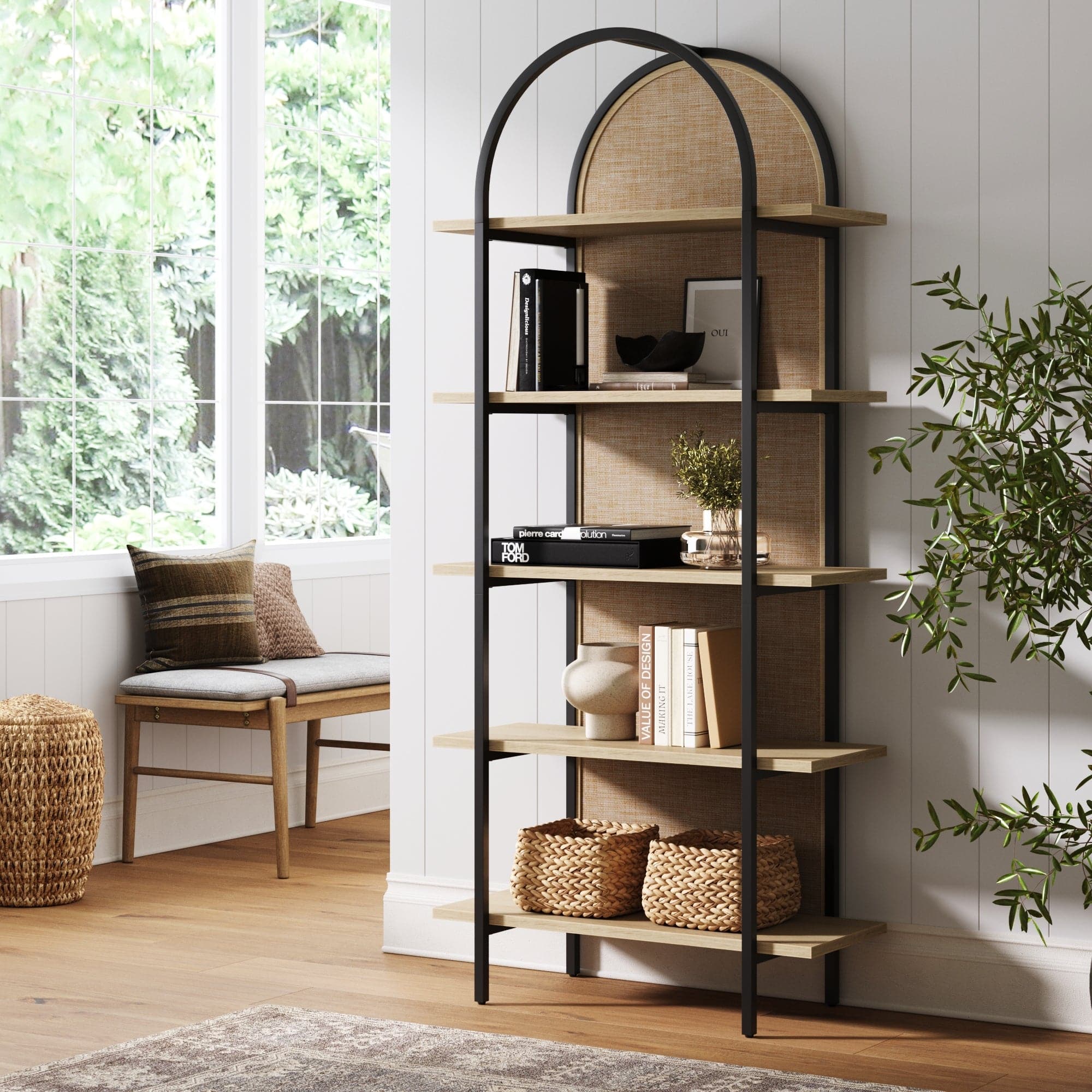 Boho Rattan & Wood Arched Bookshelf - Nathan James