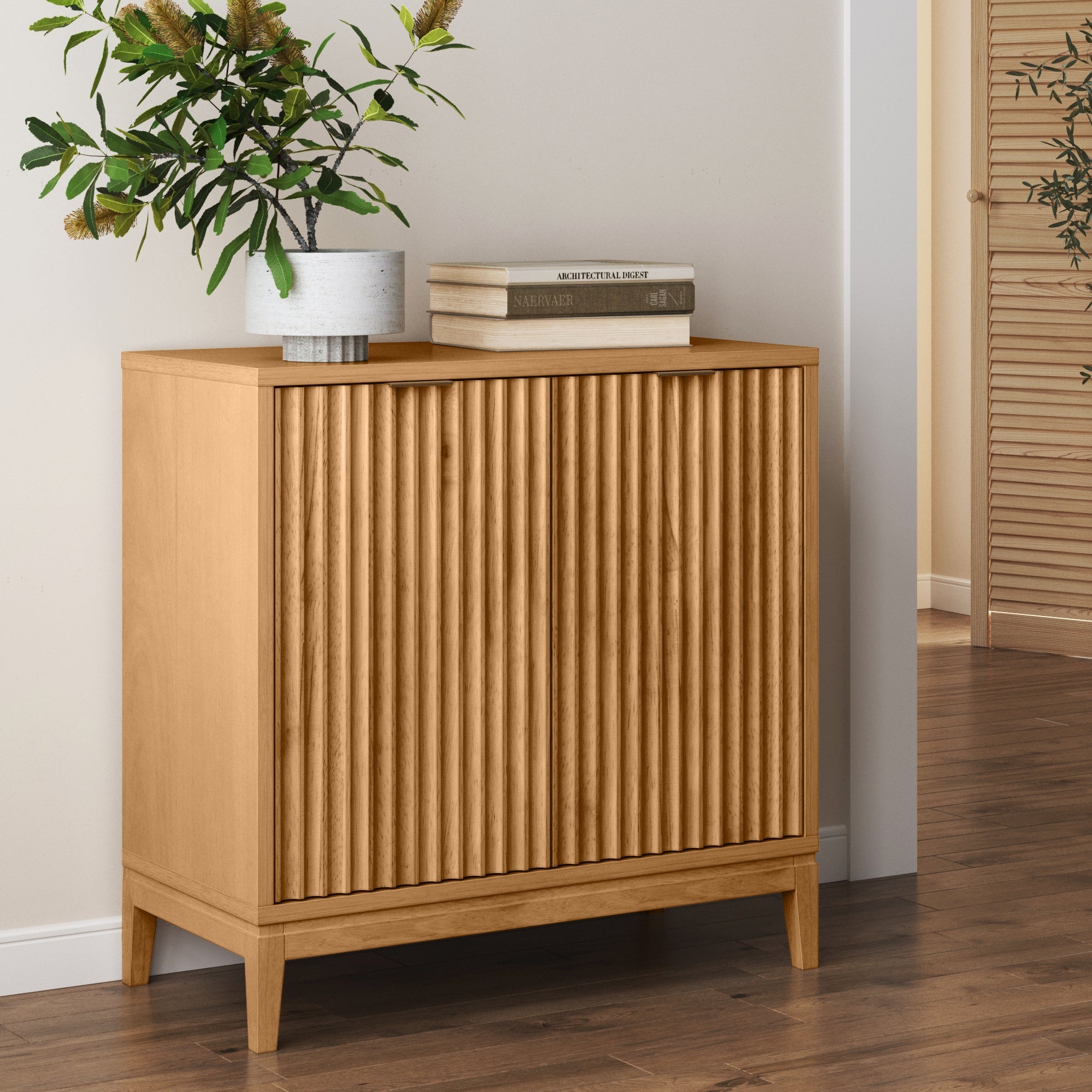 Mid - Century Wood Fluted Storage Cabinet Warm Pine - Nathan James
