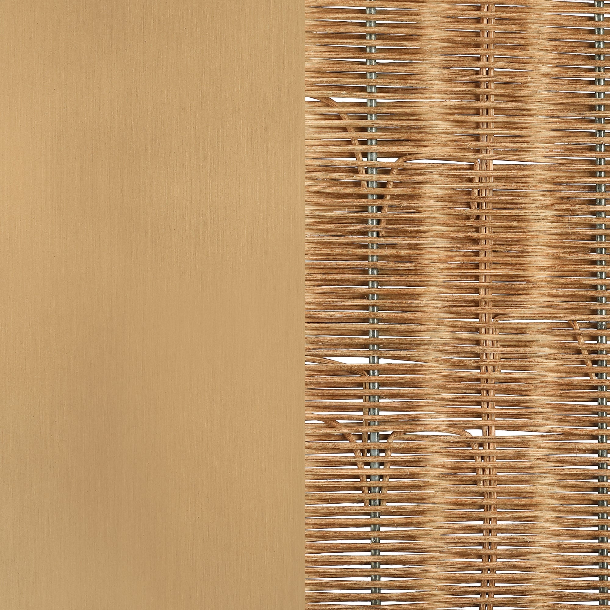 A woven wicker pattern on the right side contrasts with a smooth, solid tan surface on the left. The wicker features light brown and beige strands interlaced vertically and horizontally.