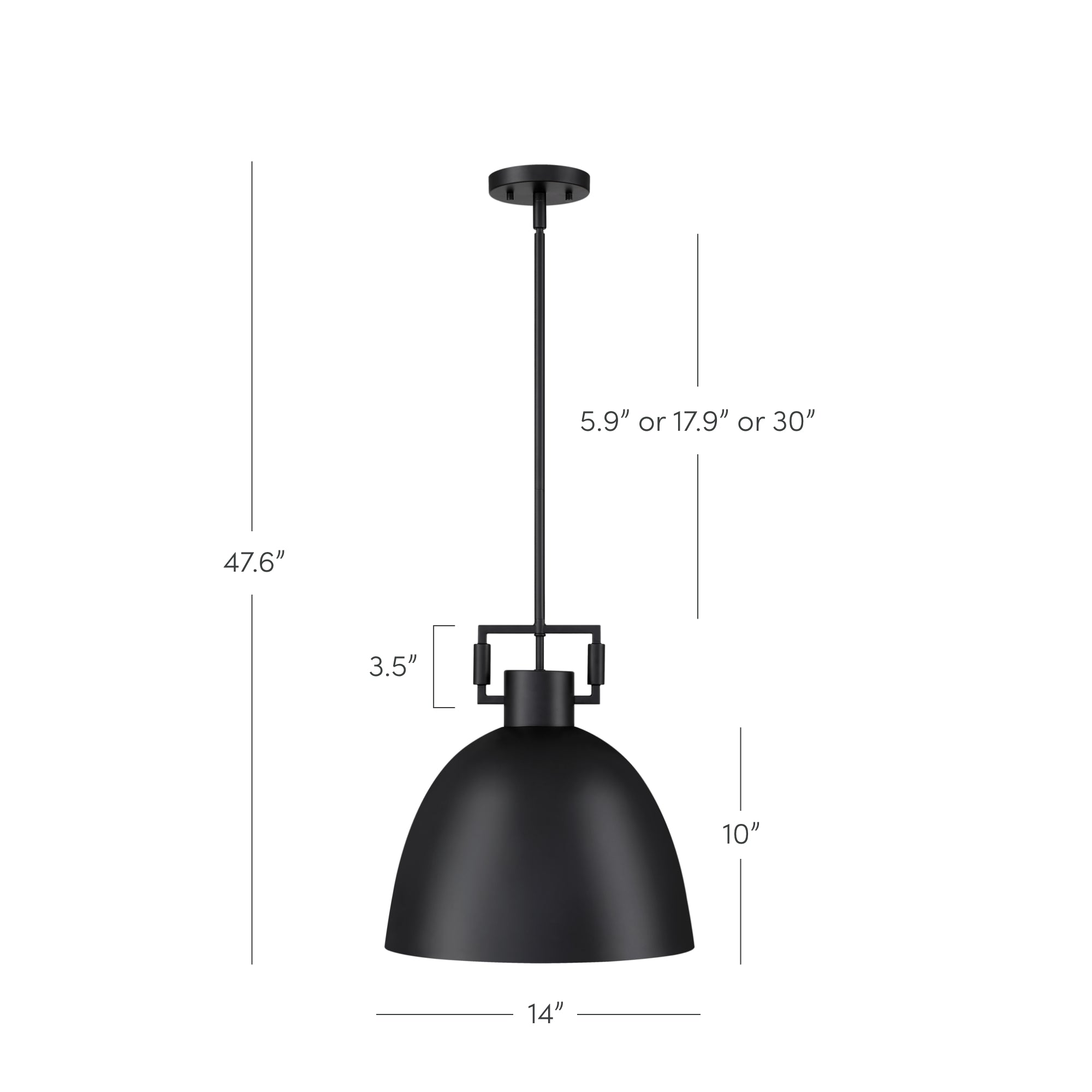 Black dome pendant light with rod and canopy, shown with measurements: height 47.6, shade height 10, diameter 14, top section 3.5, and adjustable rod lengths of 5.9, 17.9, or 30.
