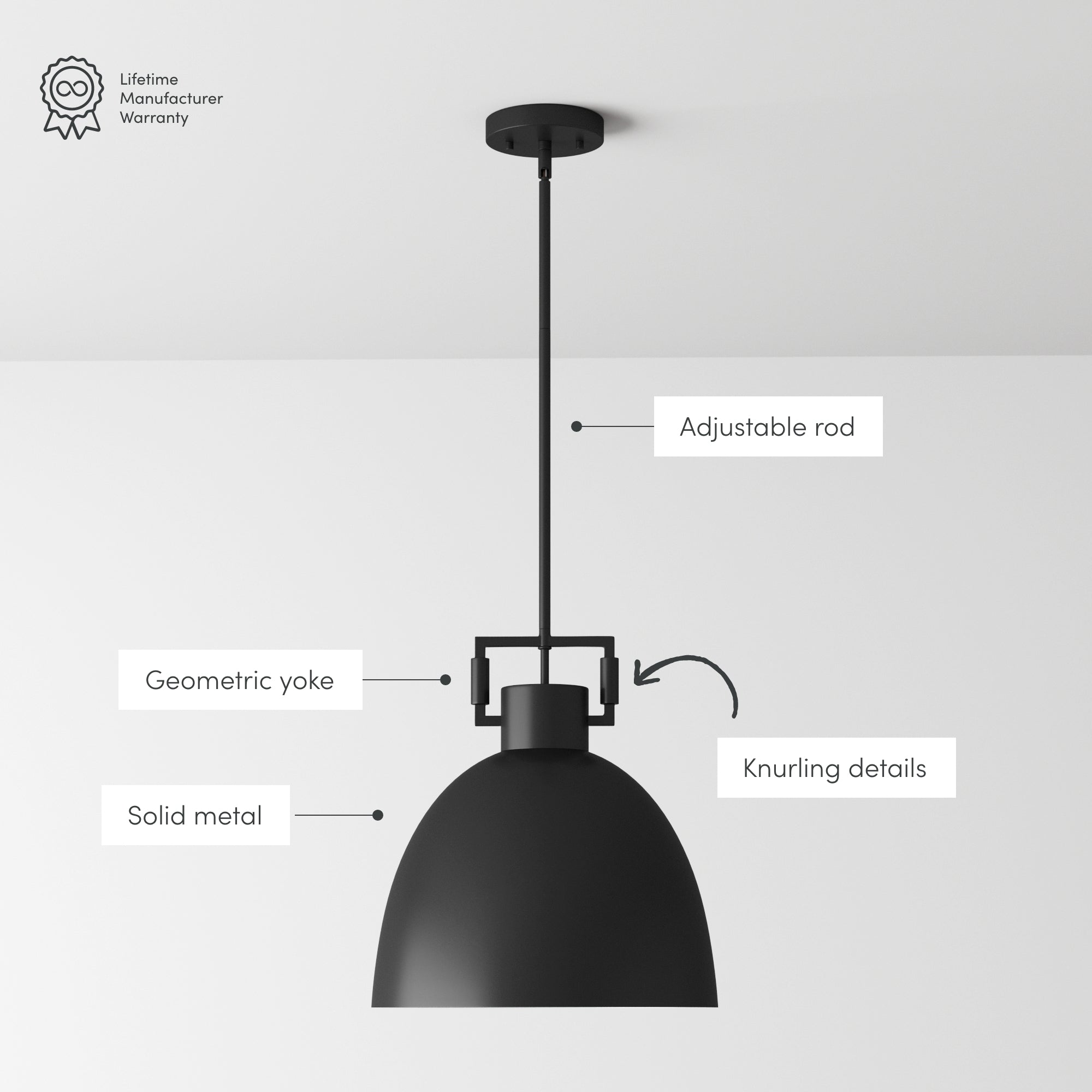 A modern black pendant light with labeled features: adjustable rod, geometric yoke, solid metal construction, and knurling details. A Lifetime Manufacturer Warranty icon is in the top left corner.