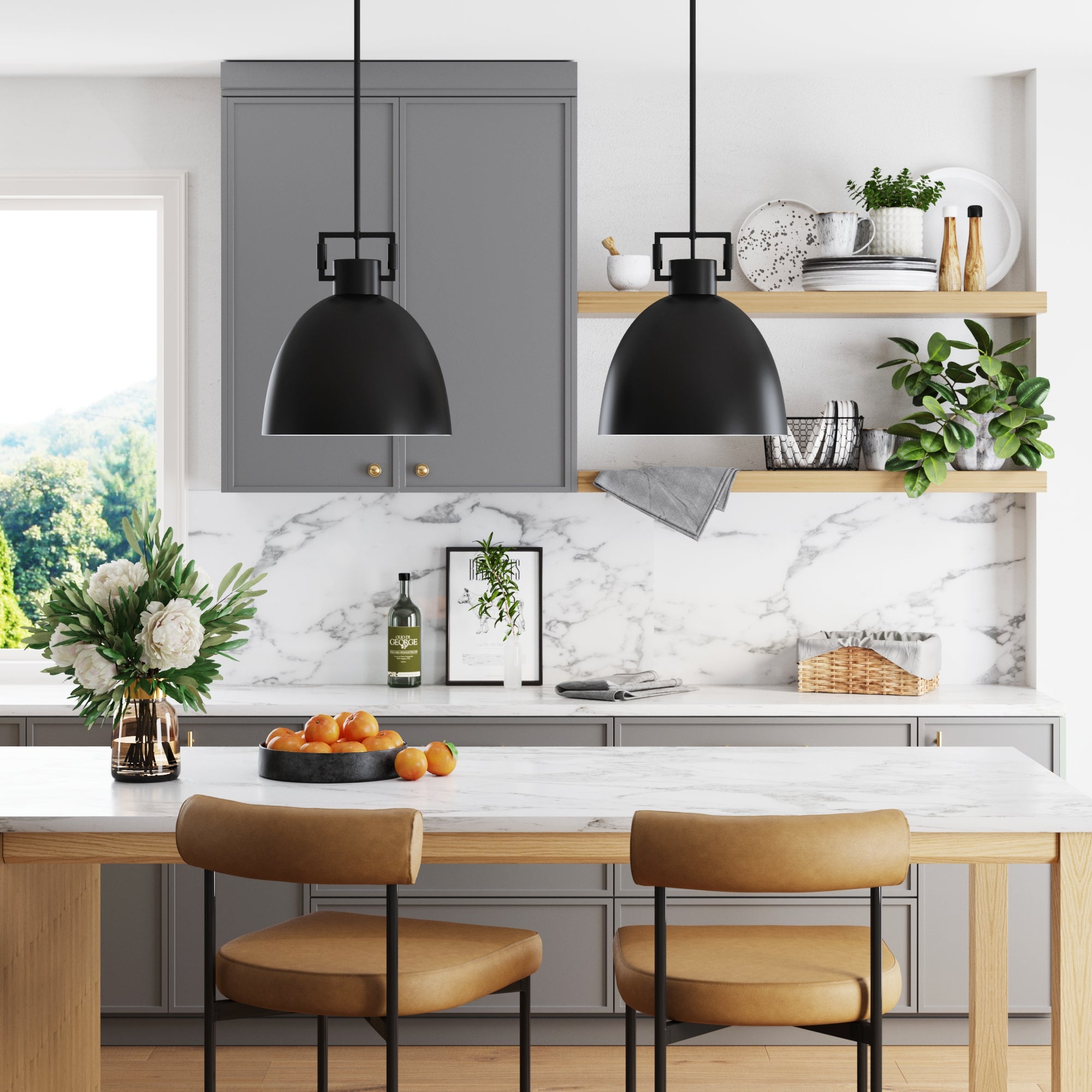 Modern kitchen with gray cabinets, marble backsplash, open wooden shelves with plants and dishes, black pendant lights, wooden island with brown chairs, and a bowl of oranges. Sunlight streams through a window.