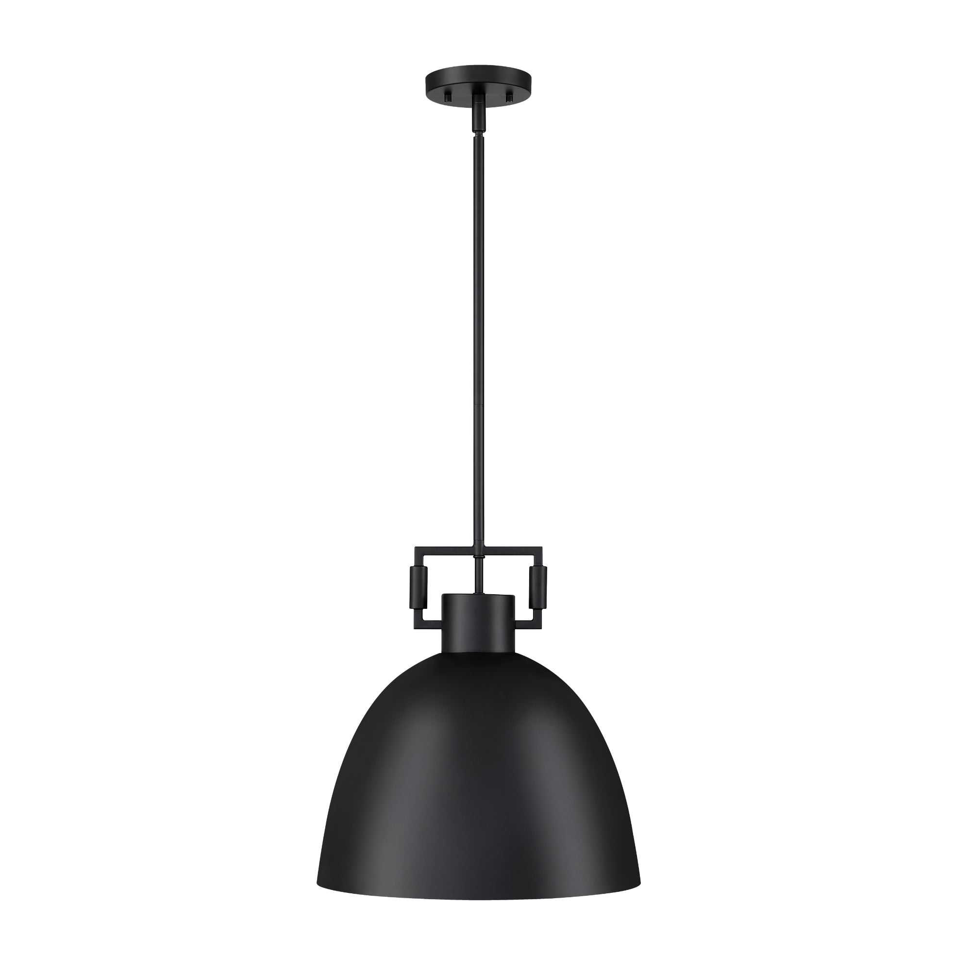 A modern black pendant light with a dome-shaped shade, suspended from the ceiling by a straight rod and round ceiling mount. The fixture features simple, clean lines and a matte finish.
