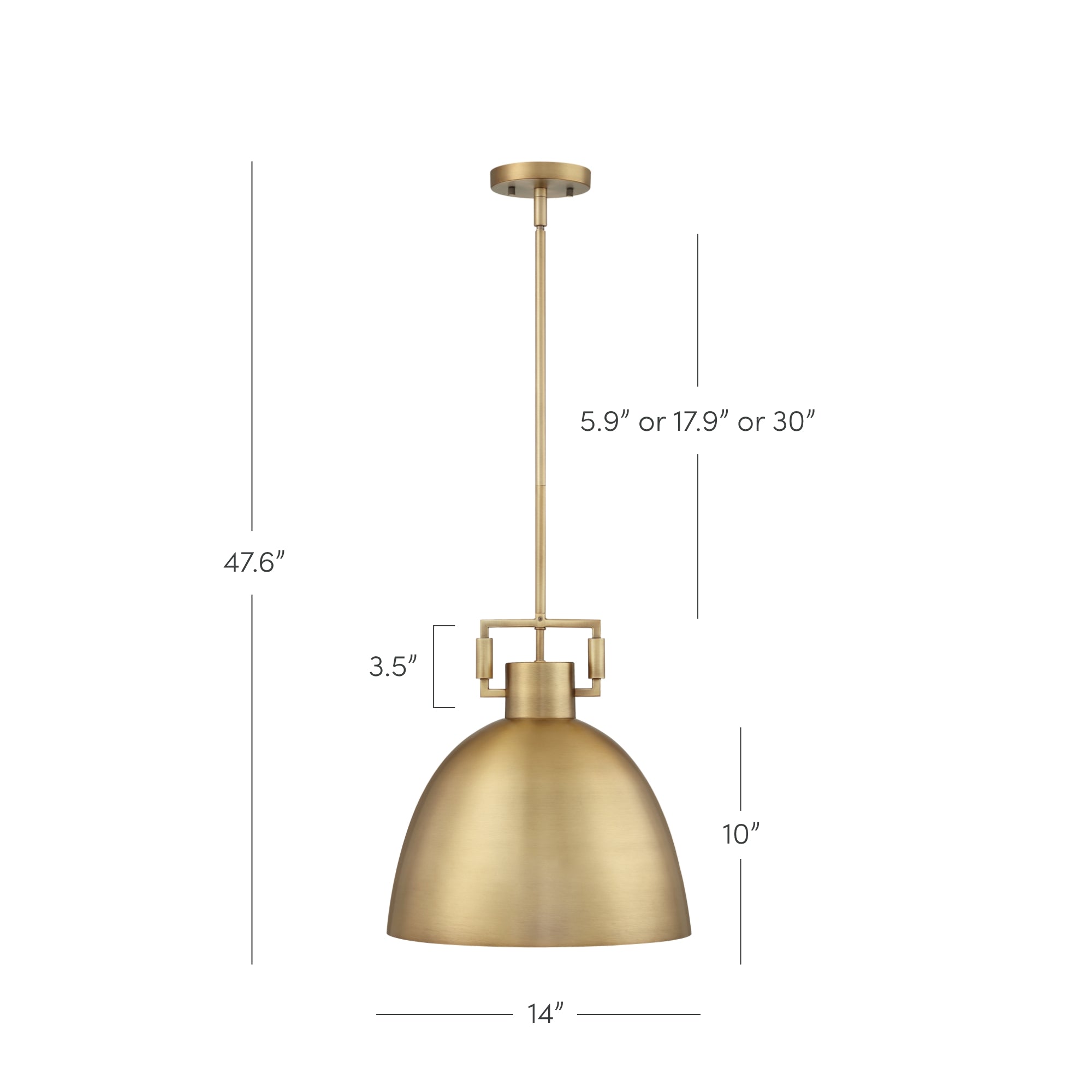 Gold pendant light with a dome-shaped shade, adjustable hanging rod, and round ceiling mount. Dimensions: shade 14 wide and 10 tall, total height adjustable from 47.6 with rod options of 5.9, 17.9, or 30.