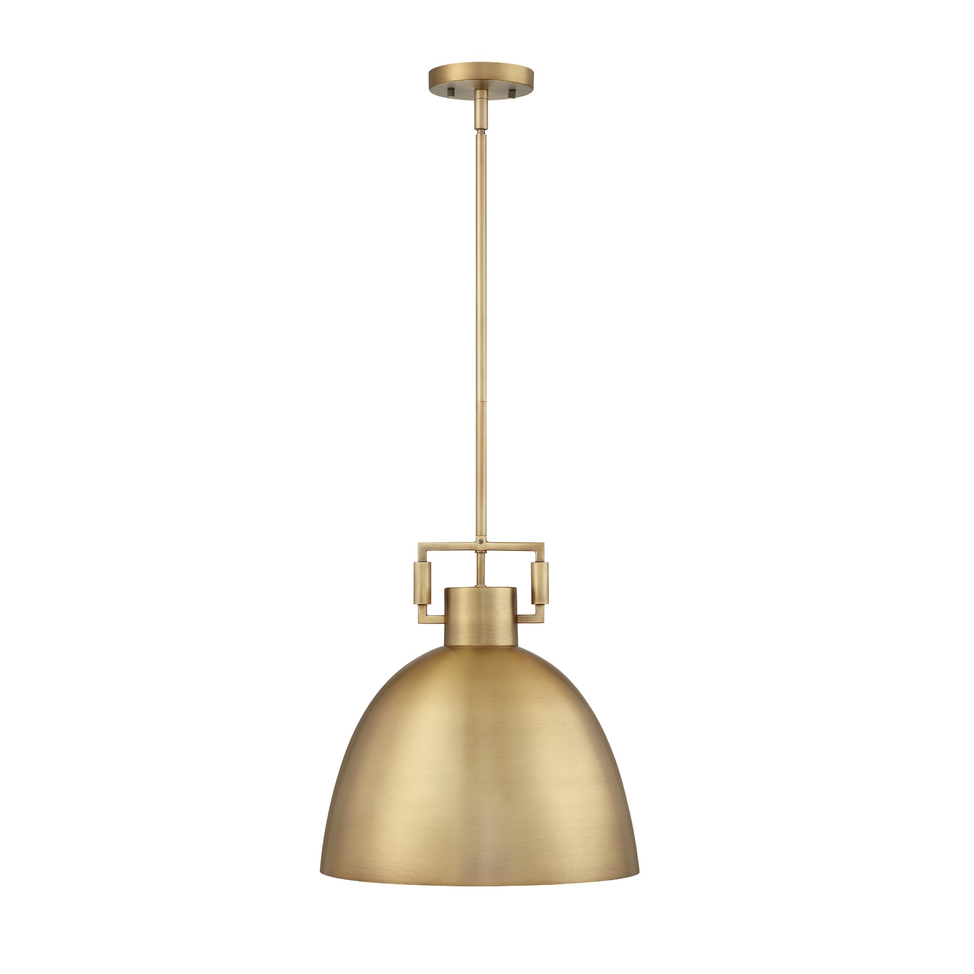 A modern, gold pendant light with a dome-shaped metal shade, suspended from a thin rod attached to a circular ceiling mount. The fixture has a brushed brass finish and a sleek, contemporary design.