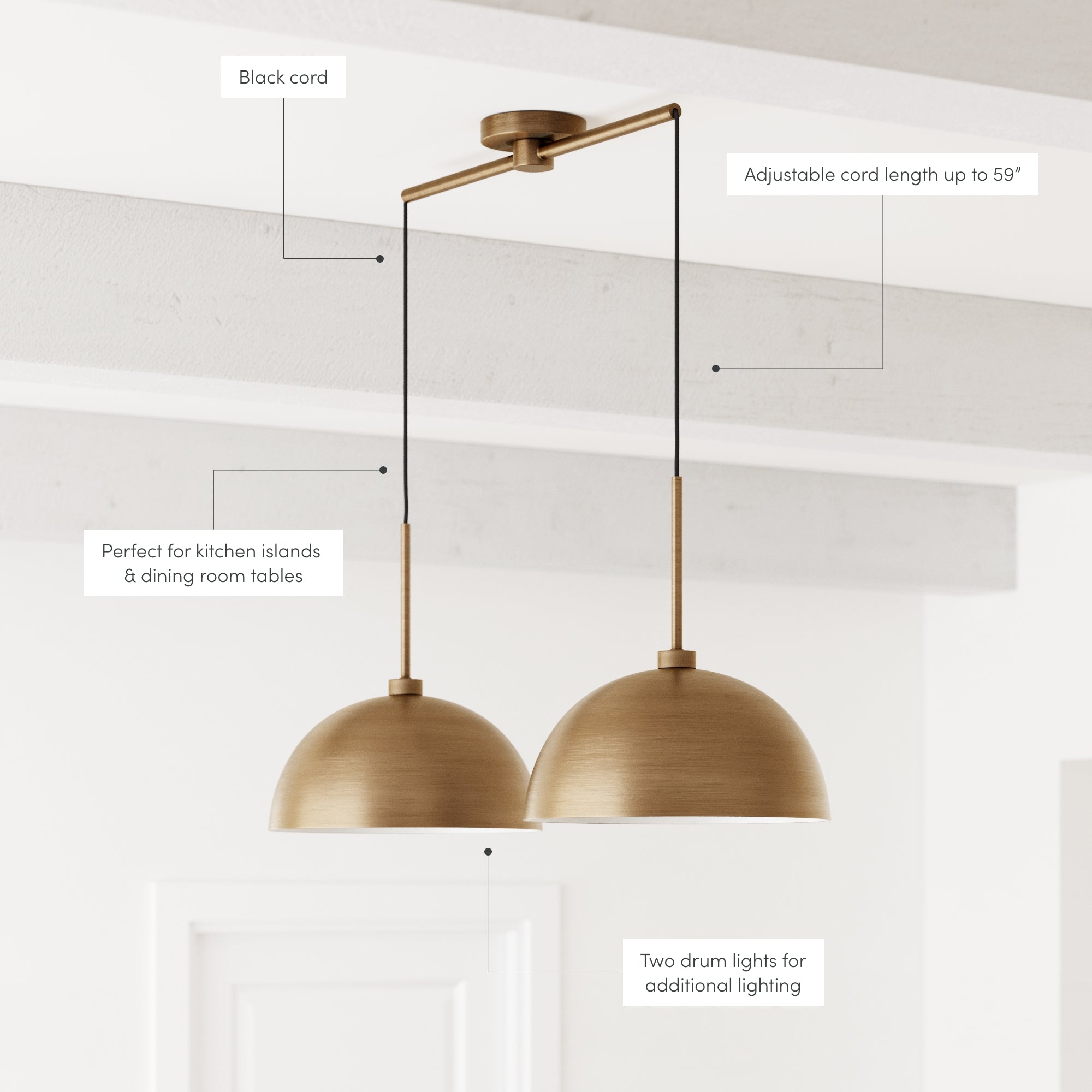 A modern pendant light fixture with two gold drum-shaped shades, black cords, and a horizontal bar, hanging from a ceiling. Labels highlight features such as adjustable cord, drum lights, and placement suggestions.