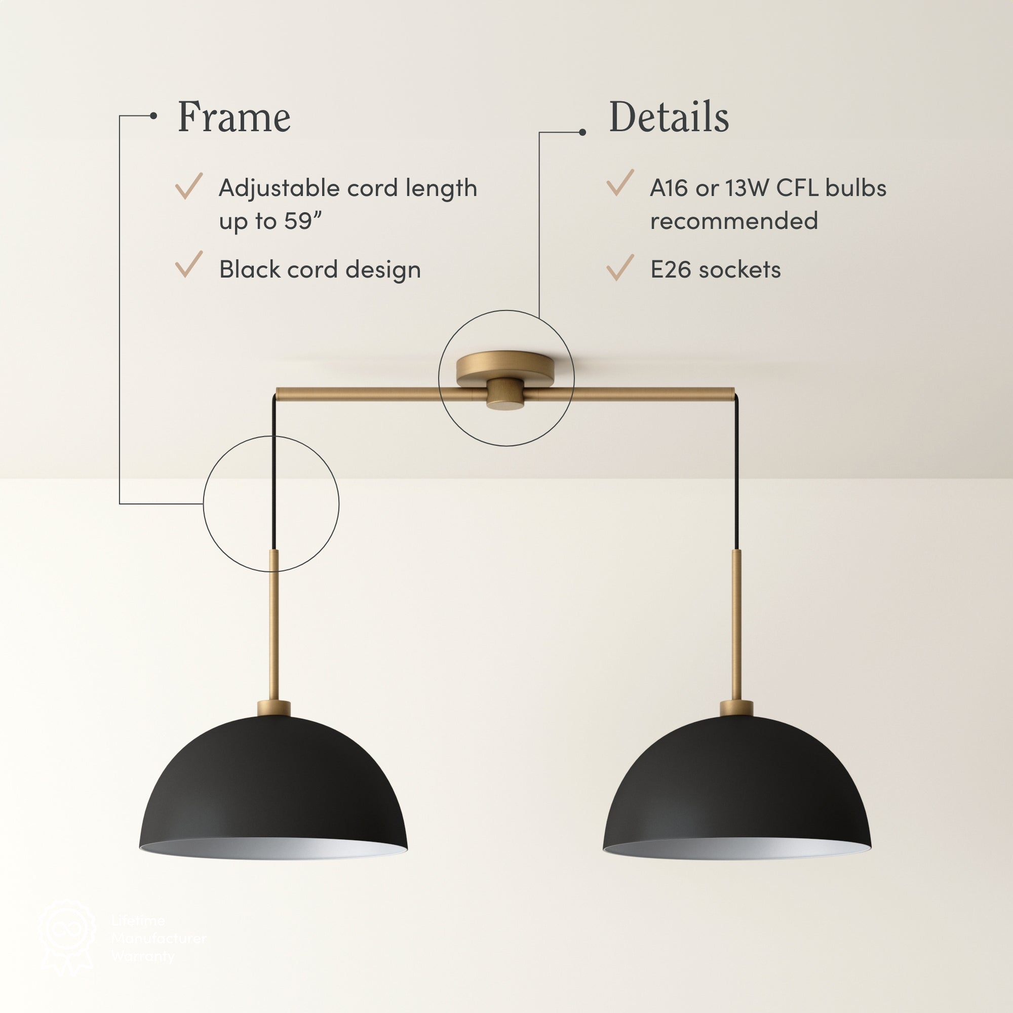 Minimalist pendant light fixture with two black dome-shaped shades, gold metal frame, and black cords. Text highlights features: adjustable cord up to 59, black cord design, recommended bulbs, and E26 sockets.
