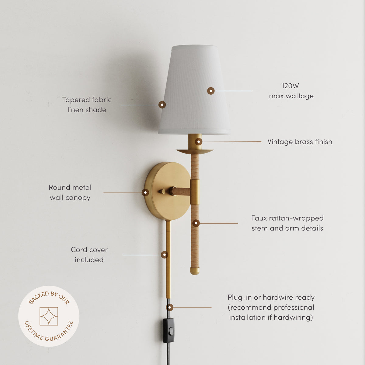 Coastal Vintaged Brass Wall Sconce with Fabric Shade (Set of 2) - Nathan James