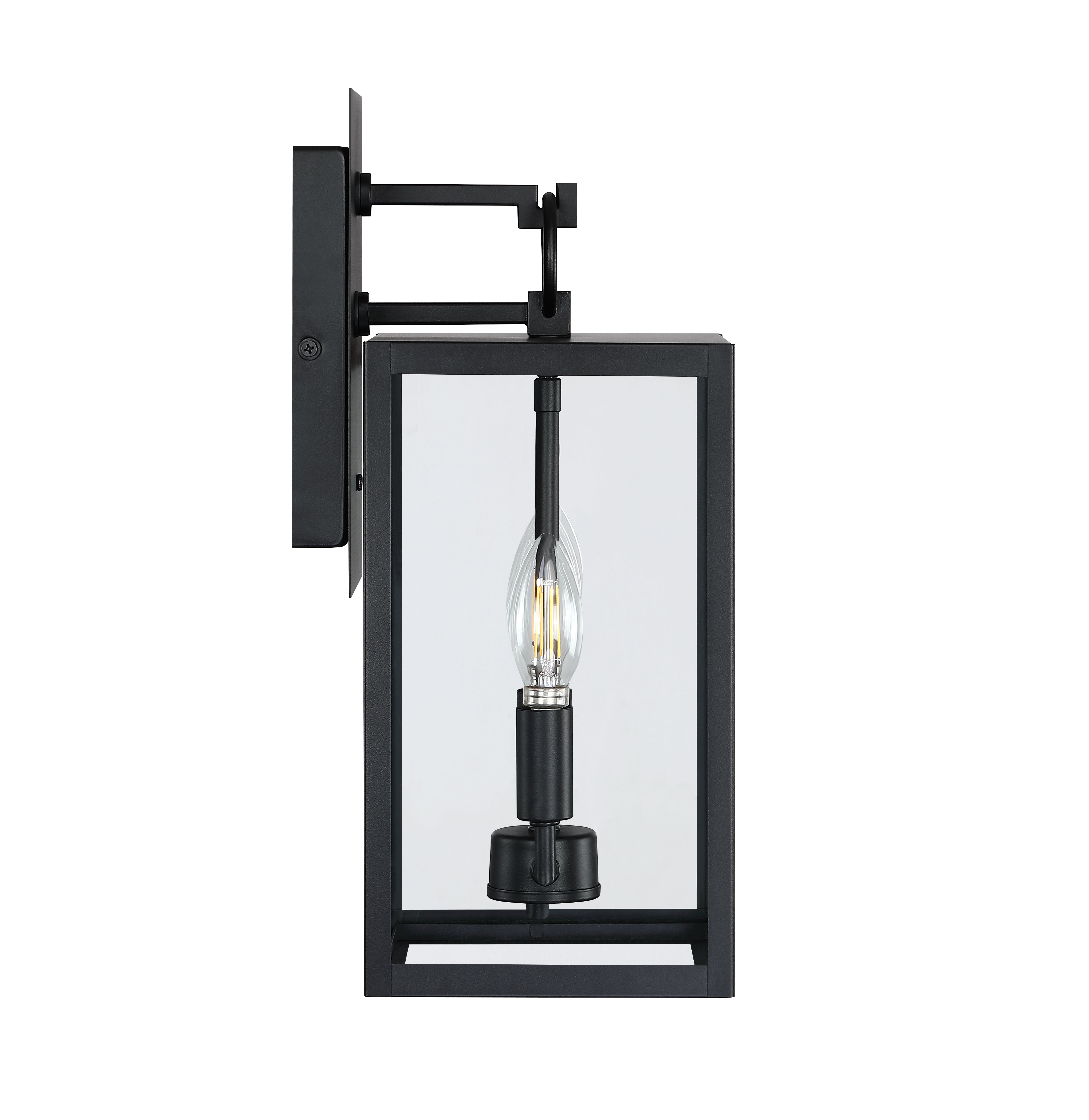 A black metal wall-mounted outdoor light fixture with a rectangular frame, clear glass sides, and a single exposed bulb in the center. The light is attached to a wall plate by a horizontal arm.