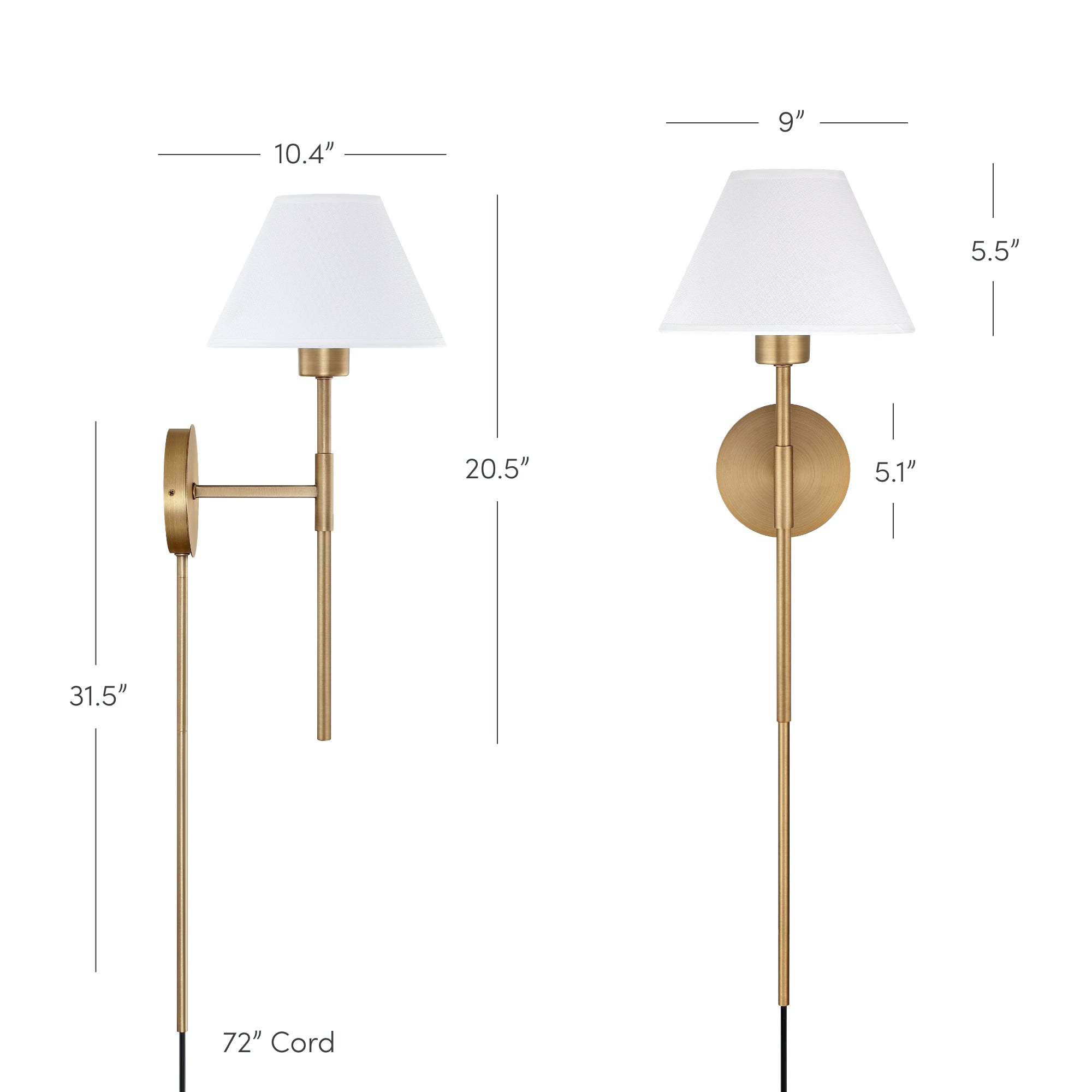 Two gold wall lamps with white shades are shown from side and front views. Measurements are labeled: 10.4 width, 20.5 height, 5.1 base, 9 shade width, 5.5 shade height, 31.5 lamp length, and a 72 black cord.