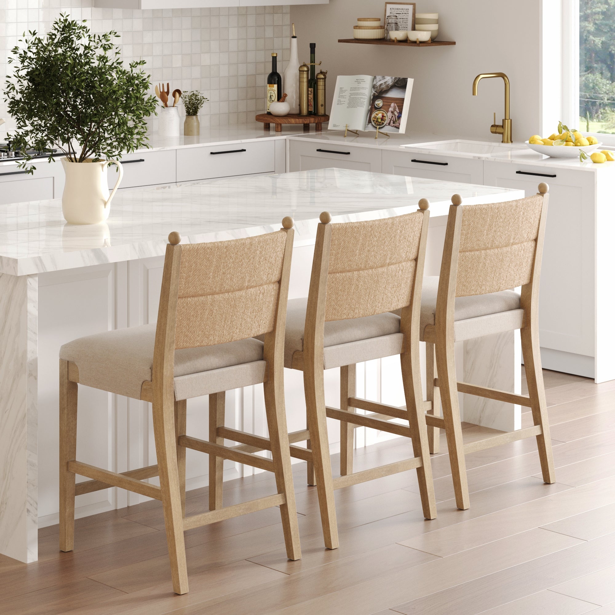 Seagrass & Wood Counter Height Bar Stool Light Brown (Set of 3) - Nathan James