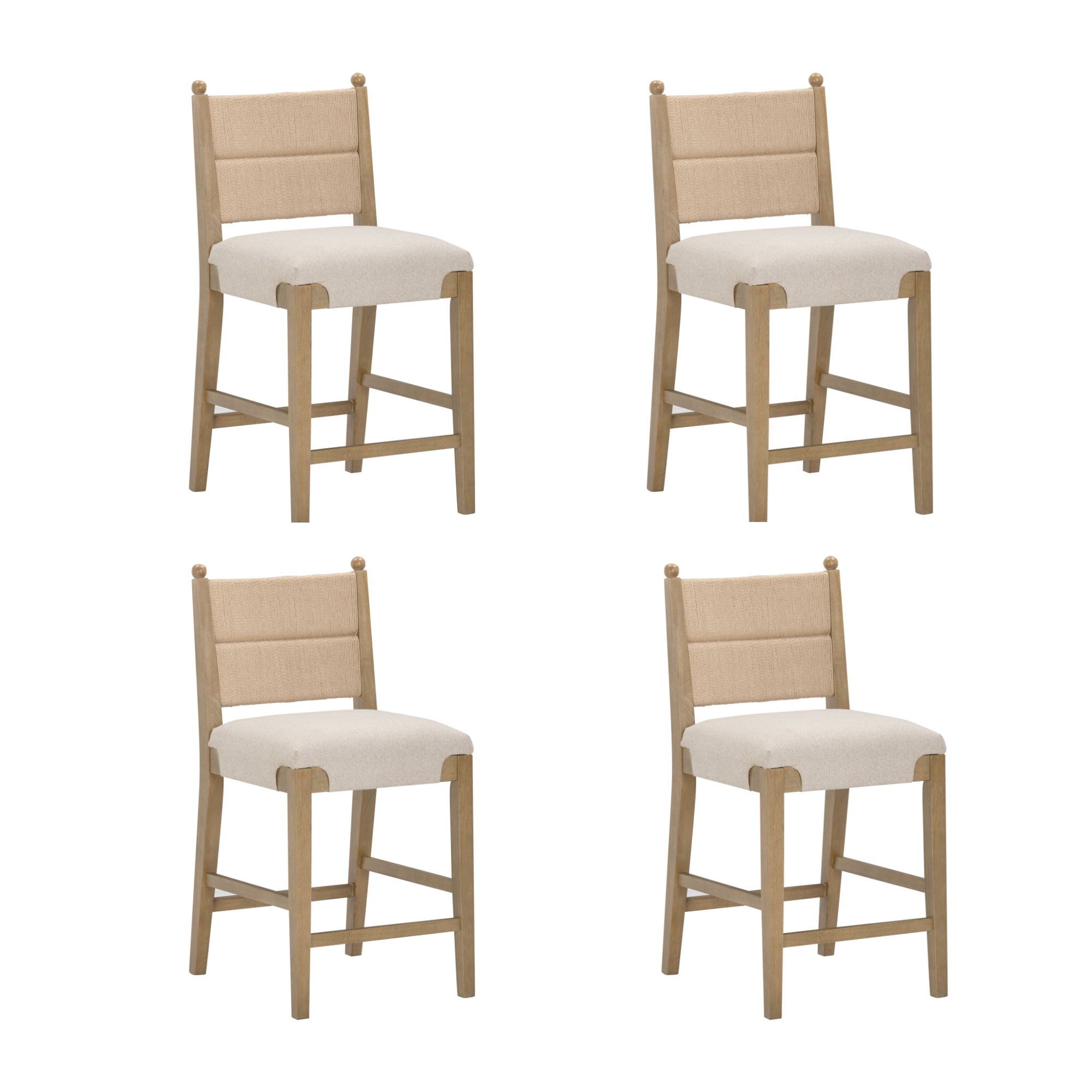 Four wooden chairs with beige upholstered seats and backs, arranged in two rows of two on a white background. The chairs have simple, modern designs with light wood frames.