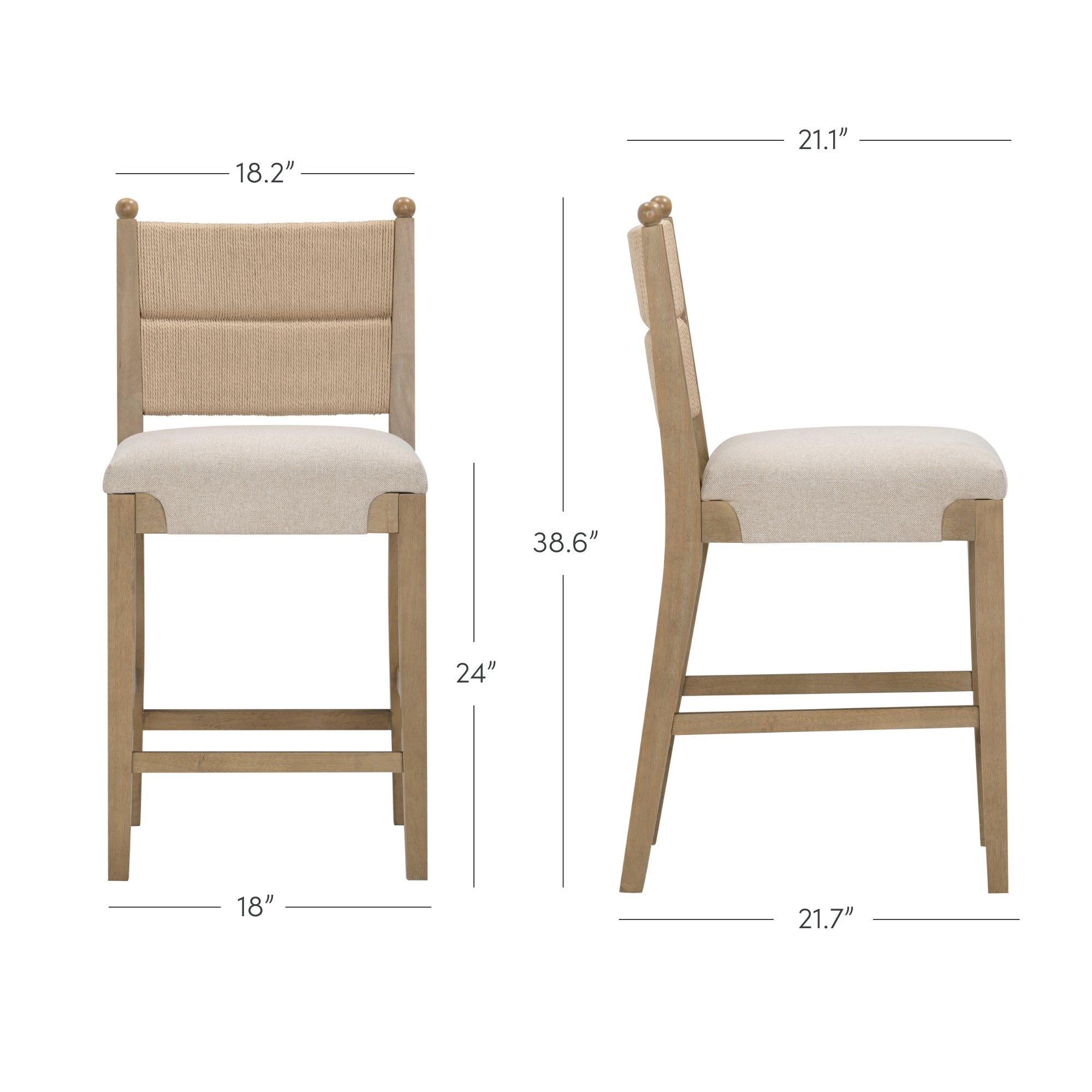 Front and side views of a beige upholstered bar stool with wood legs, showing dimensions: 38.6 tall, seat height 24, seat width 18.2, front width 18, seat depth 21.1, total depth 21.7.